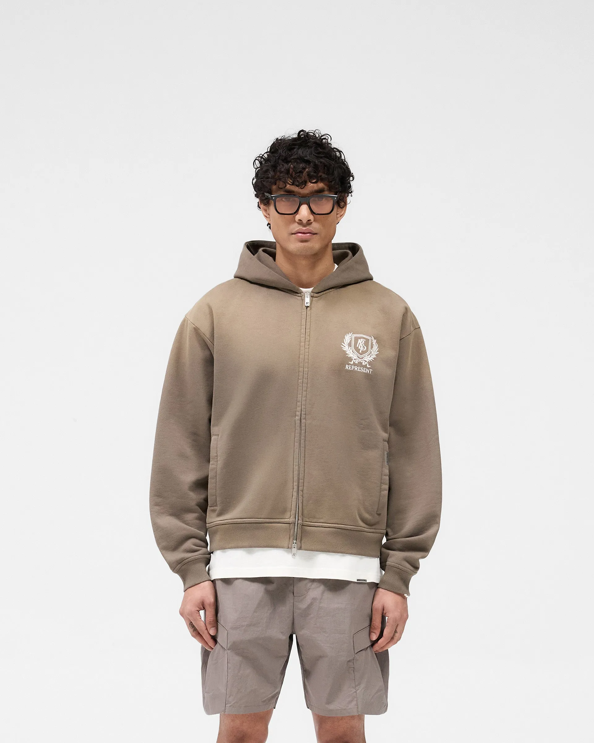 Crest Zip Up Hoodie - Dark Taupe short sleeves