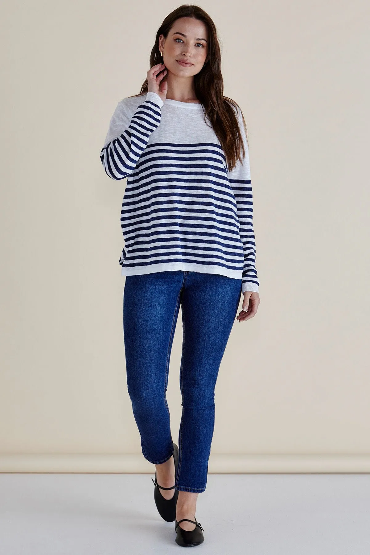 Abrasion Resistant Surface Temperature Regulating Fibers Betty Basics Natasha Knit Top White Navy Stripe