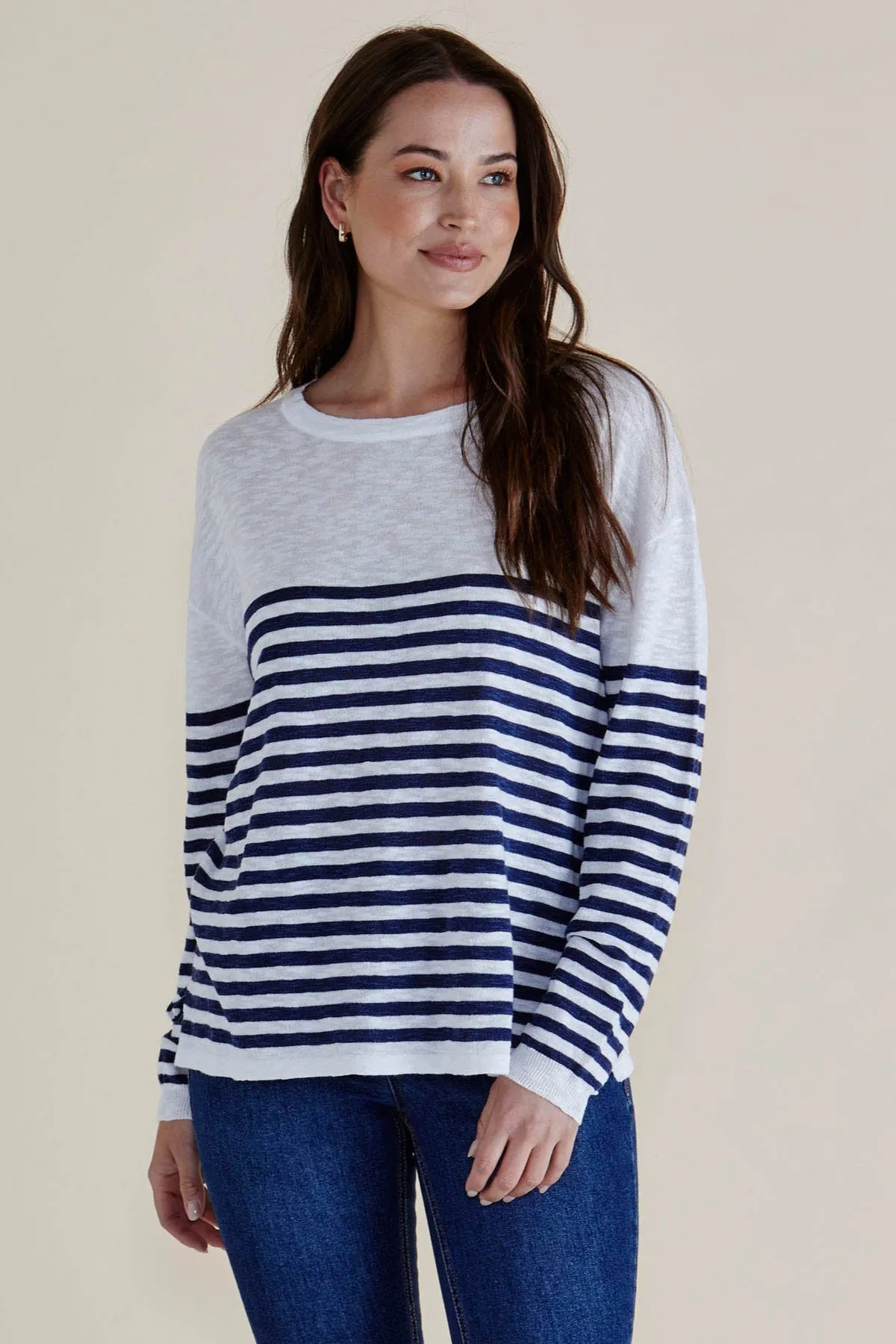 Trendy Sweater High Neck Design Betty Basics Natasha Knit Top White Navy Stripe