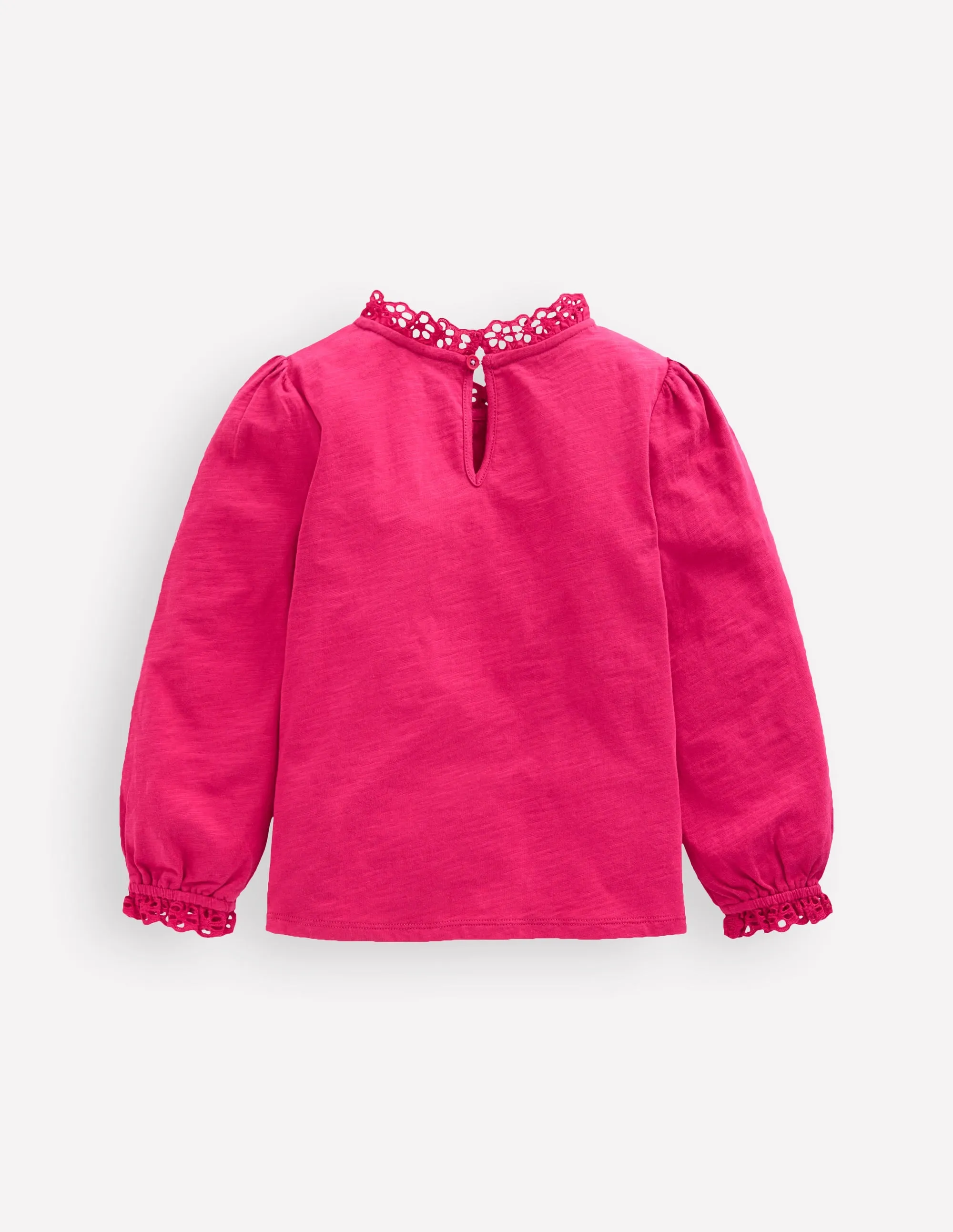 Durable Reinforced Elbows Broderie Trim Jersey Top-Cherry Jam