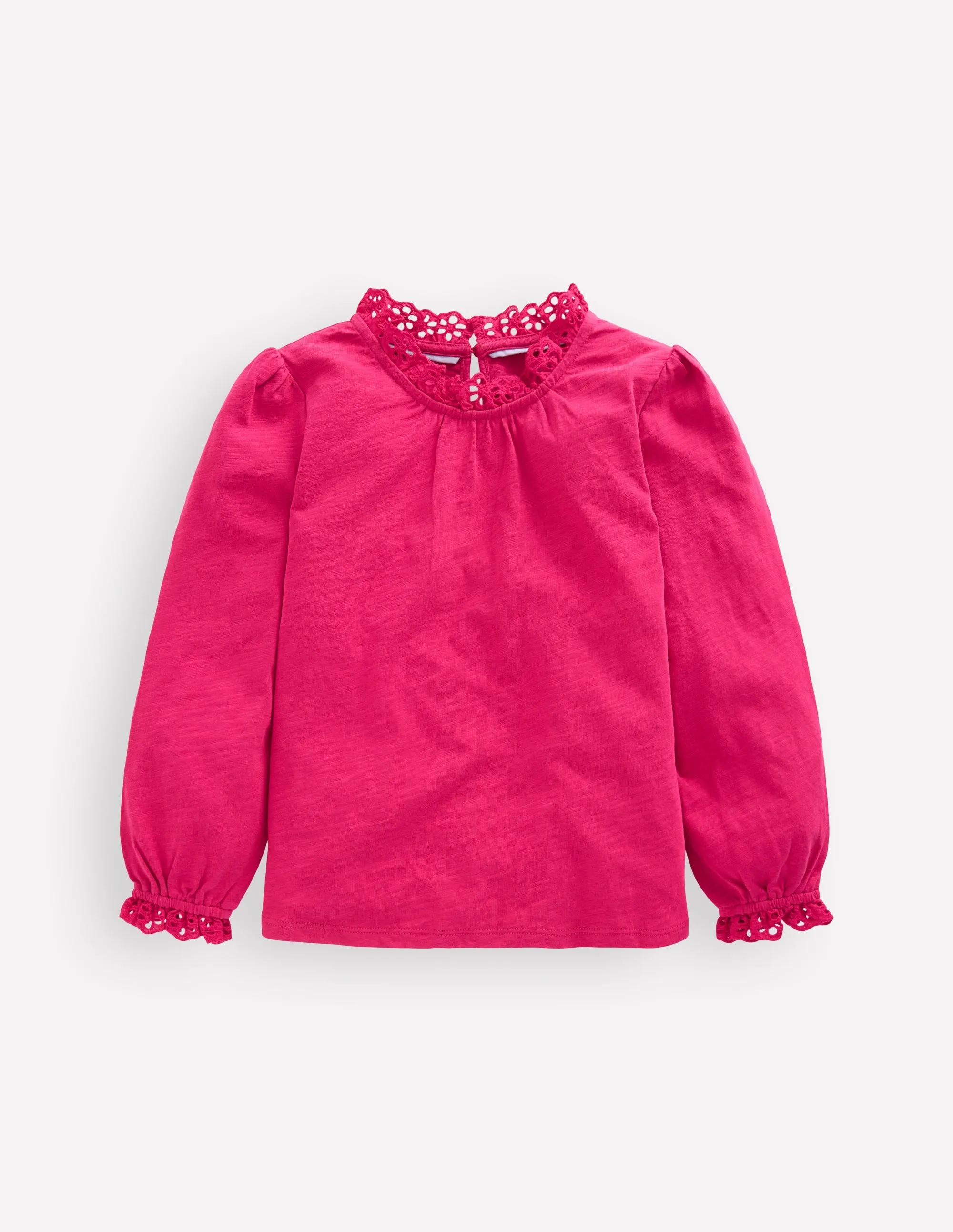 Lightweight Blouse Broderie Trim Jersey Top-Cherry Jam