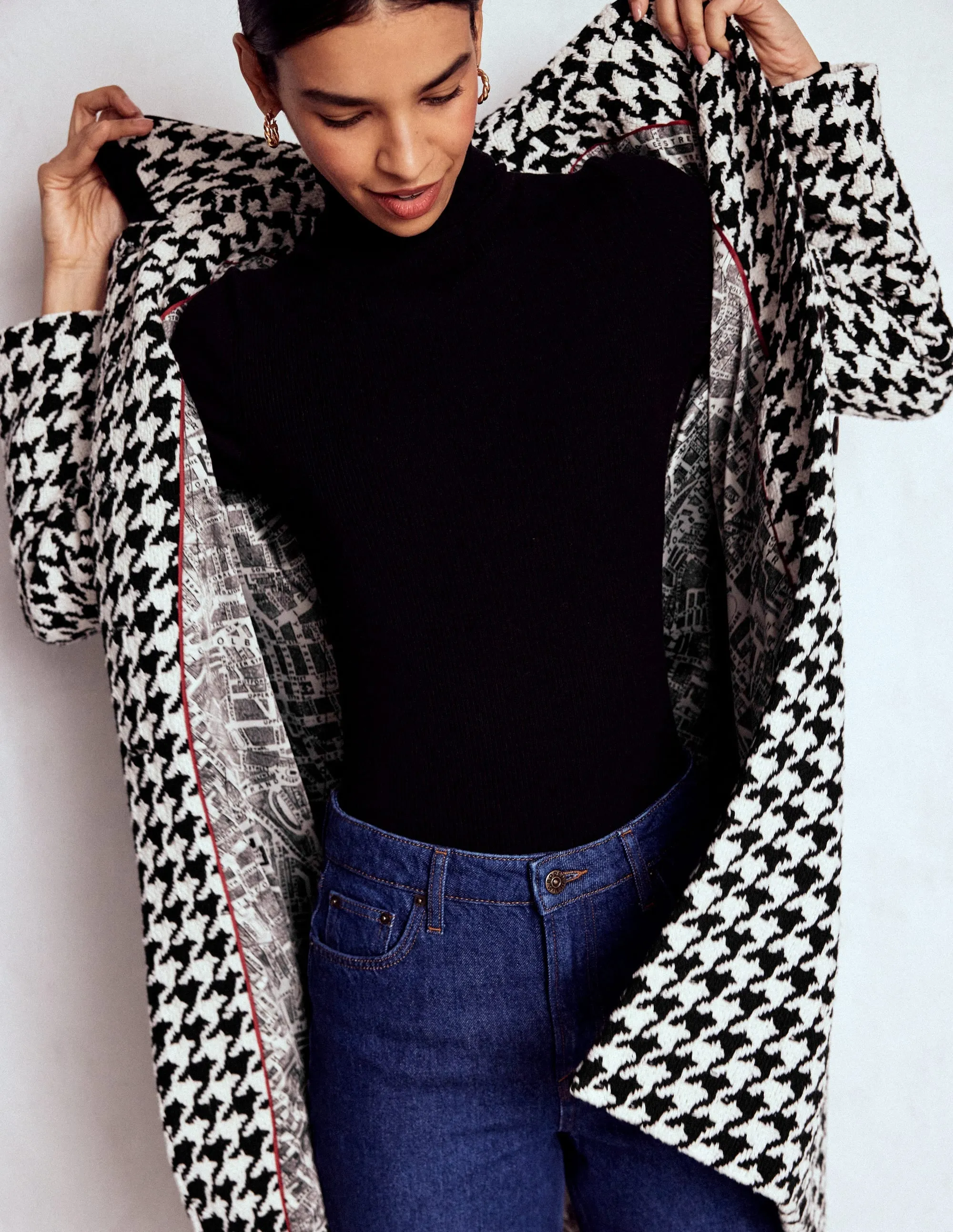 EcoFriendly Water Repellency Edinburgh Swing Coat-Black Dogstooth