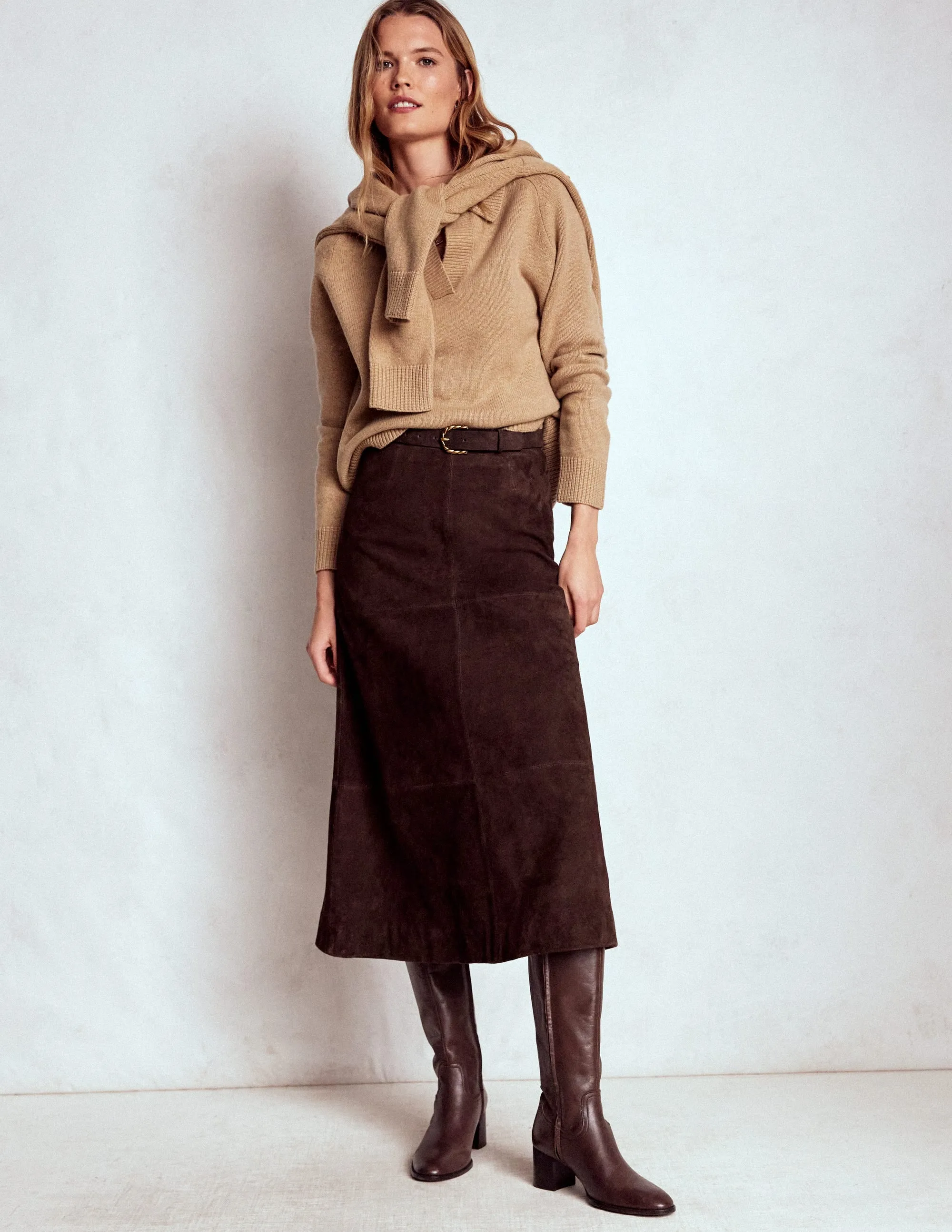 raw hem Suede Midi Skirt-Dark Chocolate