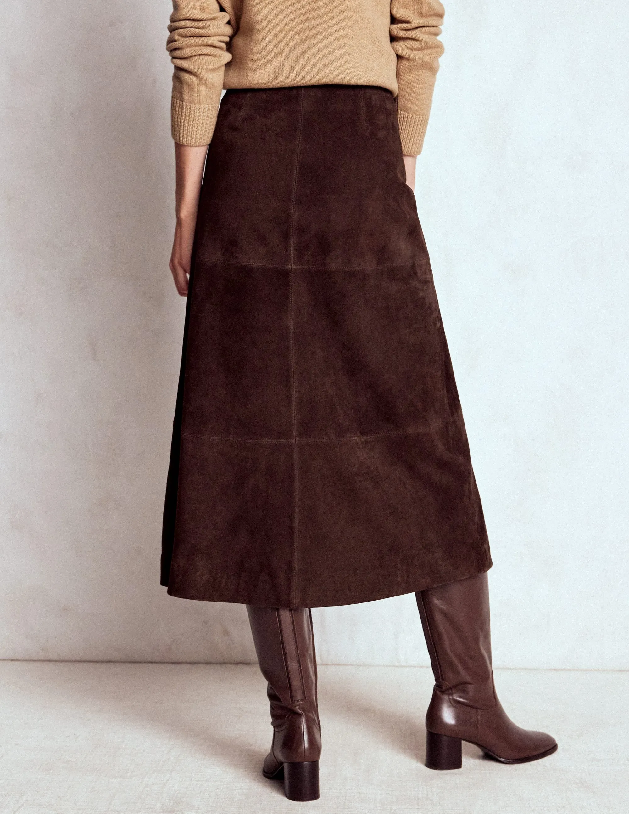 Luxury Trim Suede Midi Skirt-Dark Chocolate