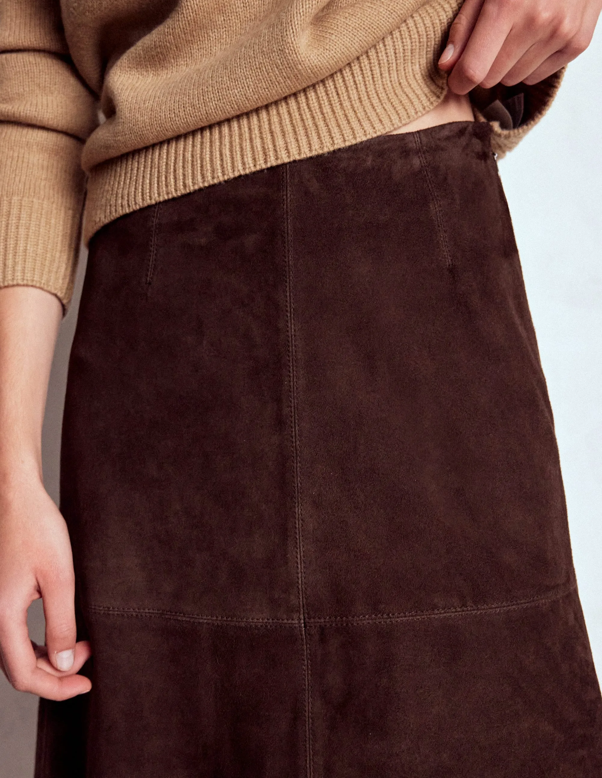 Suede Midi Skirt-Dark Chocolate Aesthetic Look Stretch Waist