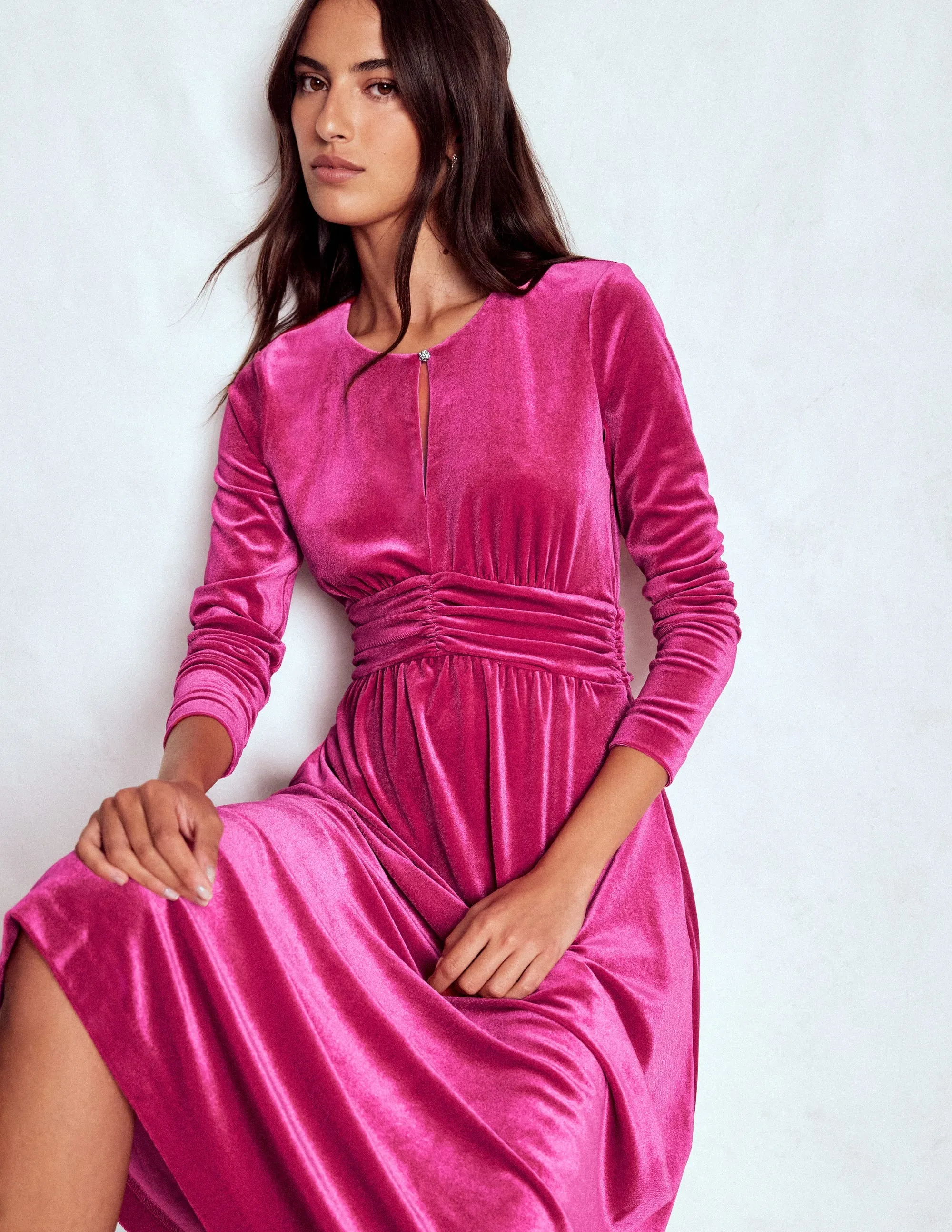 Tilda Velvet Midi Dress-Vibrant Pink Layering Fit BreathableFabric