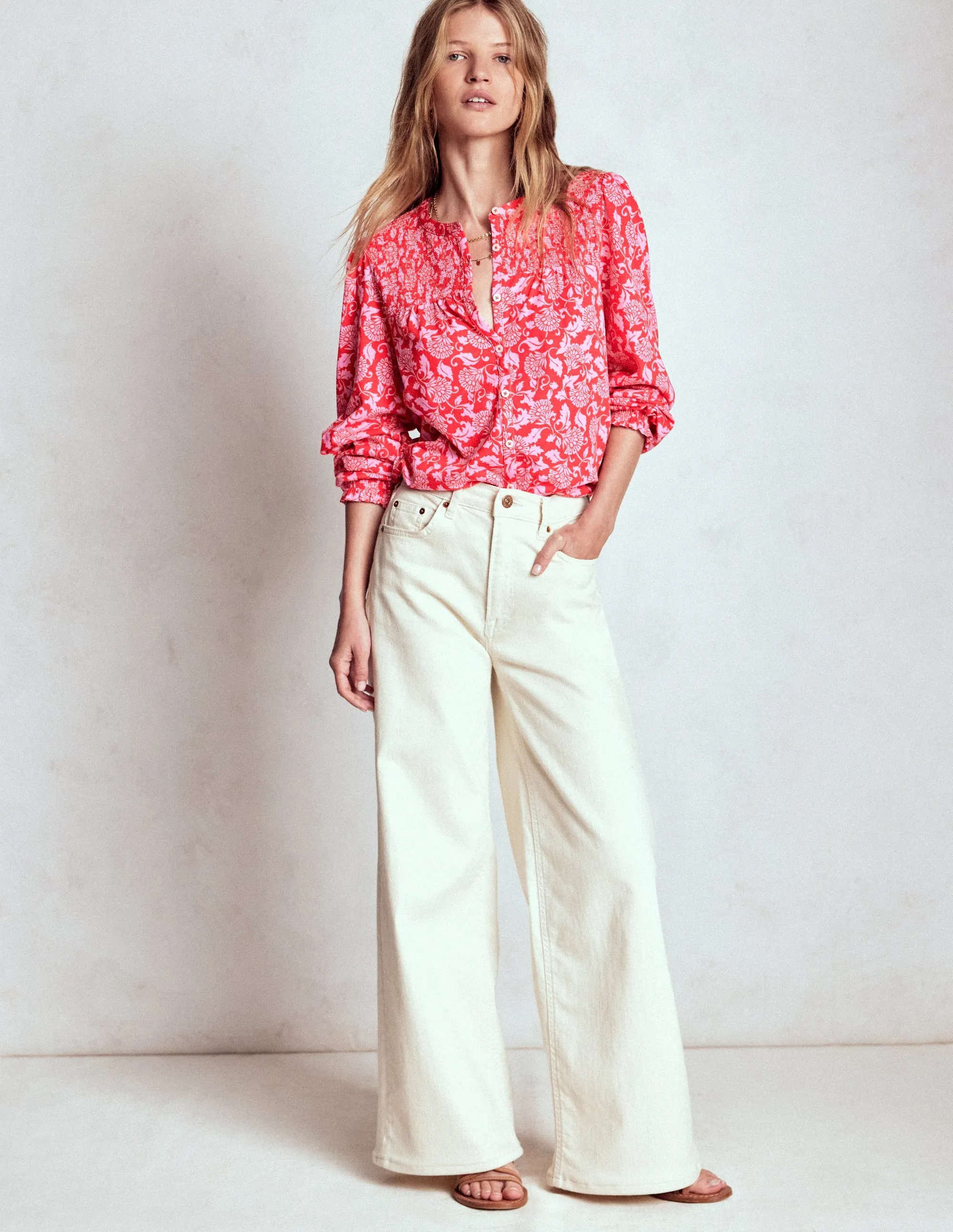 Breathable Layer Fit Elsa Smocked Yoke Jersey Shirt-Poppy Red, Ornate Vine Hygienic Antimicrobial Finish