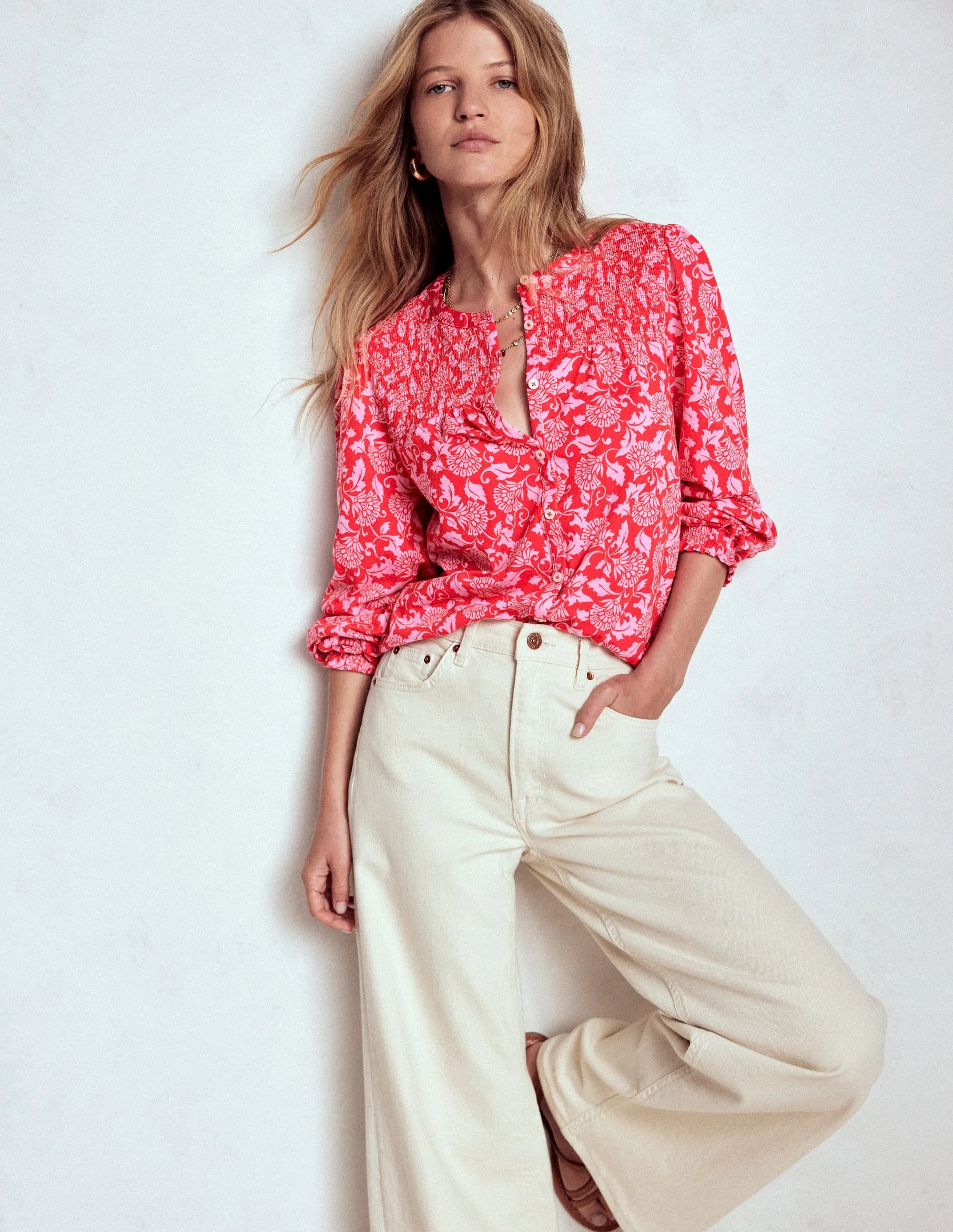 Tall Length Elsa Smocked Yoke Jersey Shirt-Poppy Red, Ornate Vine Hygienic Antimicrobial Finish