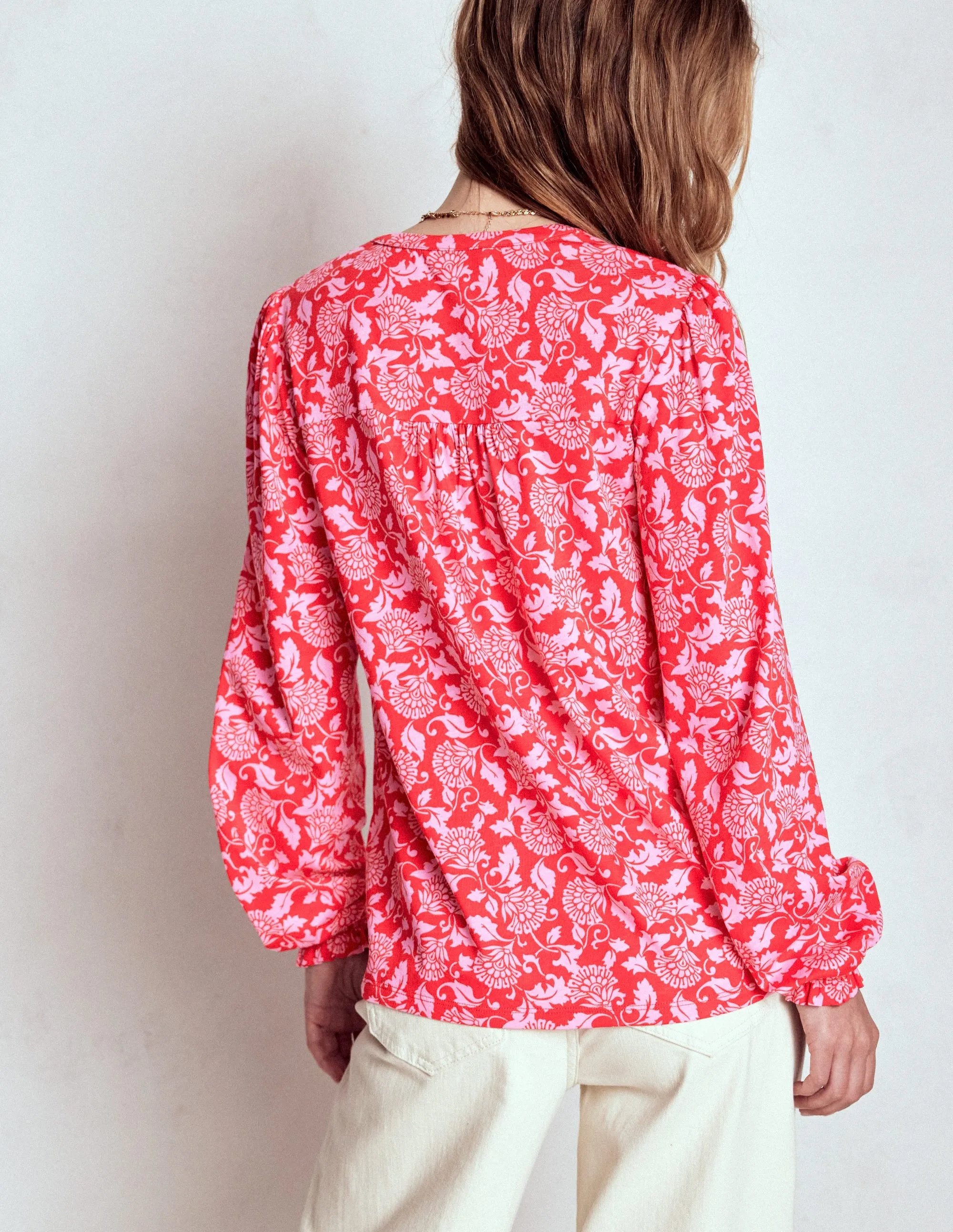 Elsa Smocked Yoke Jersey Shirt-Poppy Red, Ornate Vine Hygienic Antimicrobial Finish Mid Rise