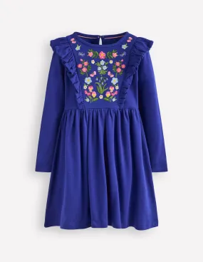 Embroidered Bodice Dress-Sapphire Blue Draped Fabric