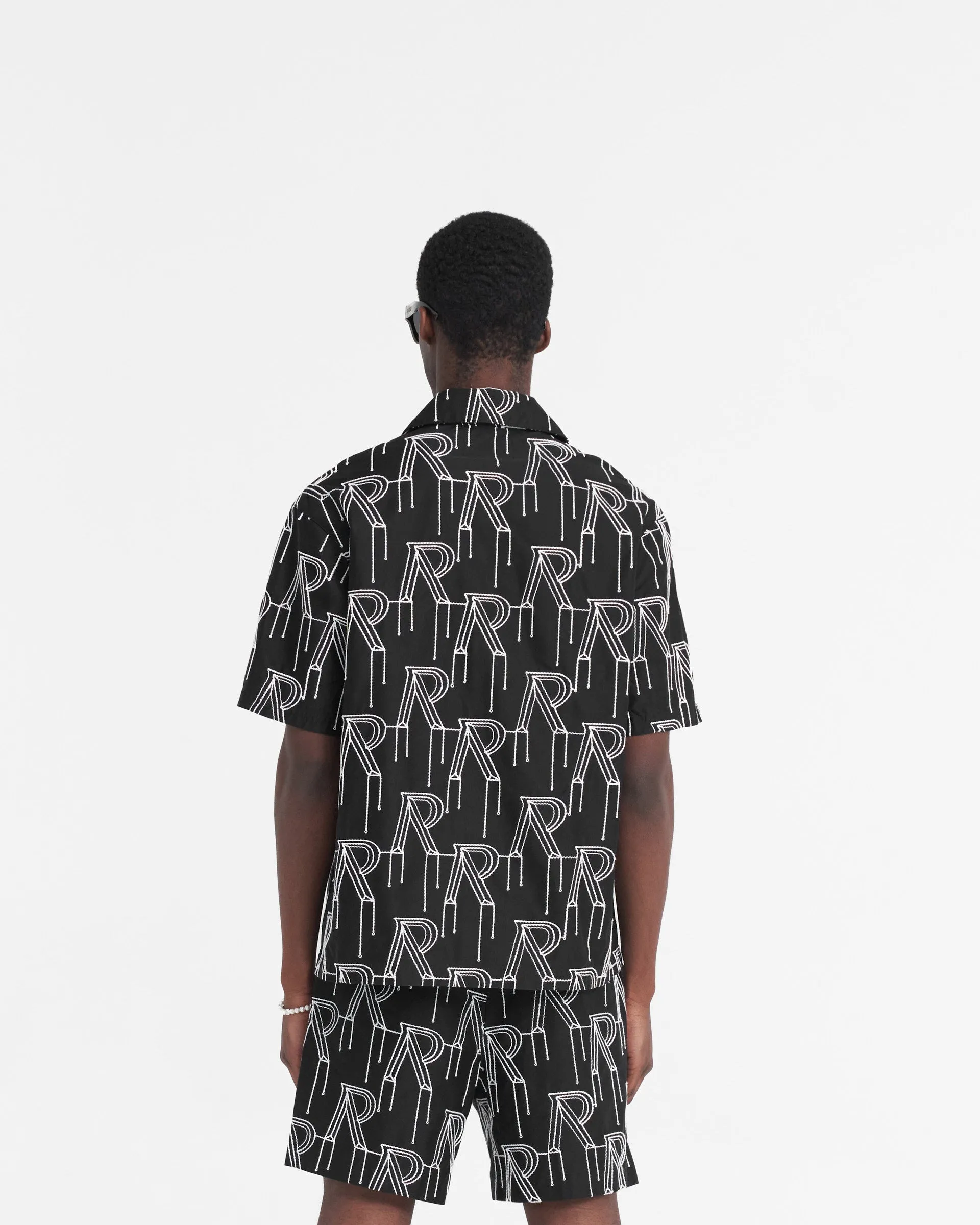 Multi Functional Pockets Embroidered Initial Overshirt - Black