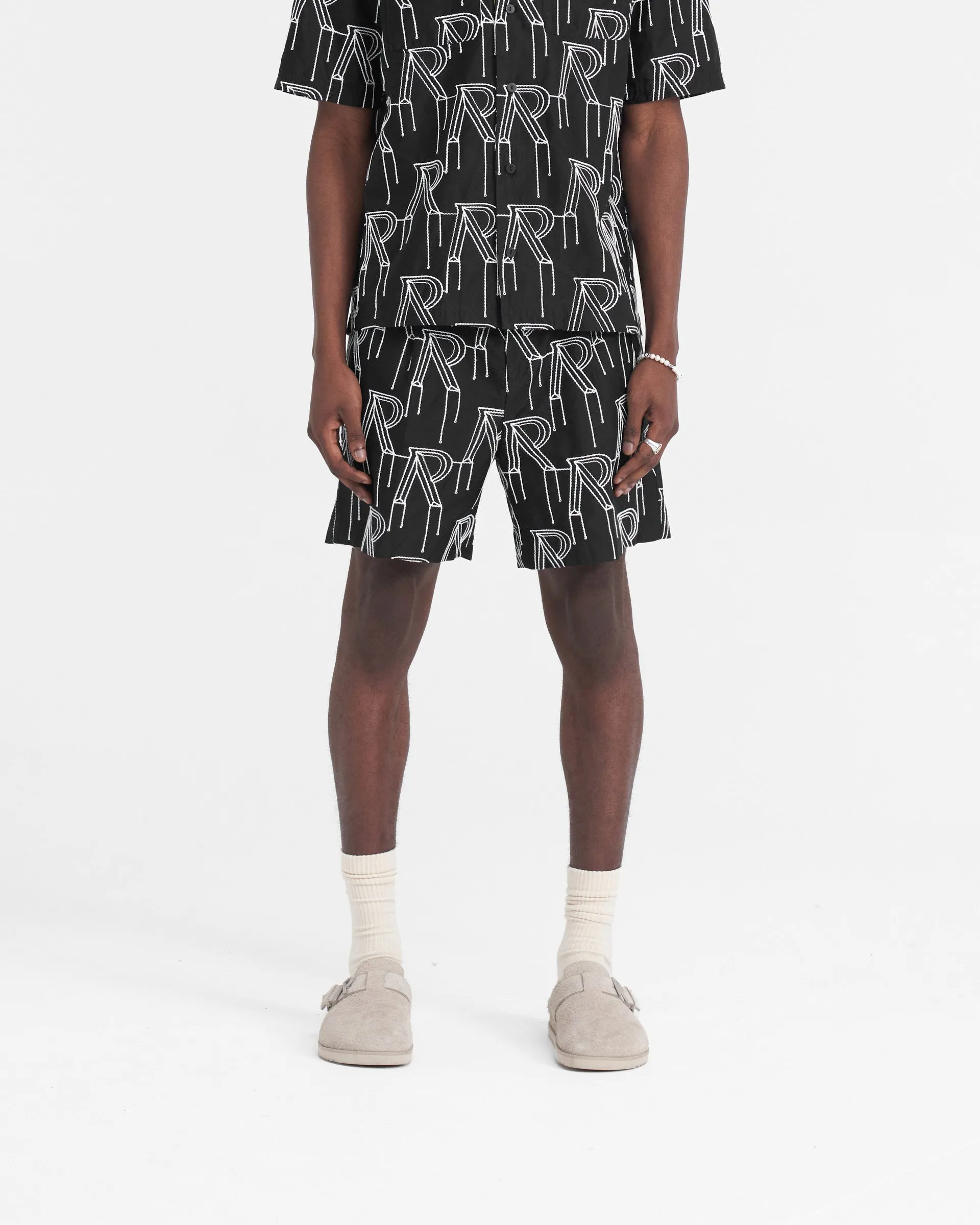 Breathable Lining Embroidered Initial Tailored Short - Black