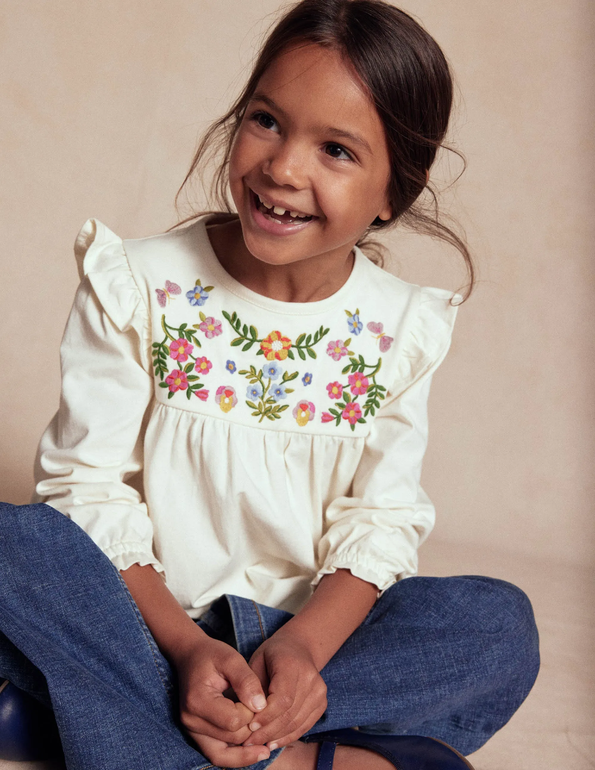 Butter Soft Handfeel Soft Sweater Embroidered Jersey Yoke Top-Soft Ivory Embroidery