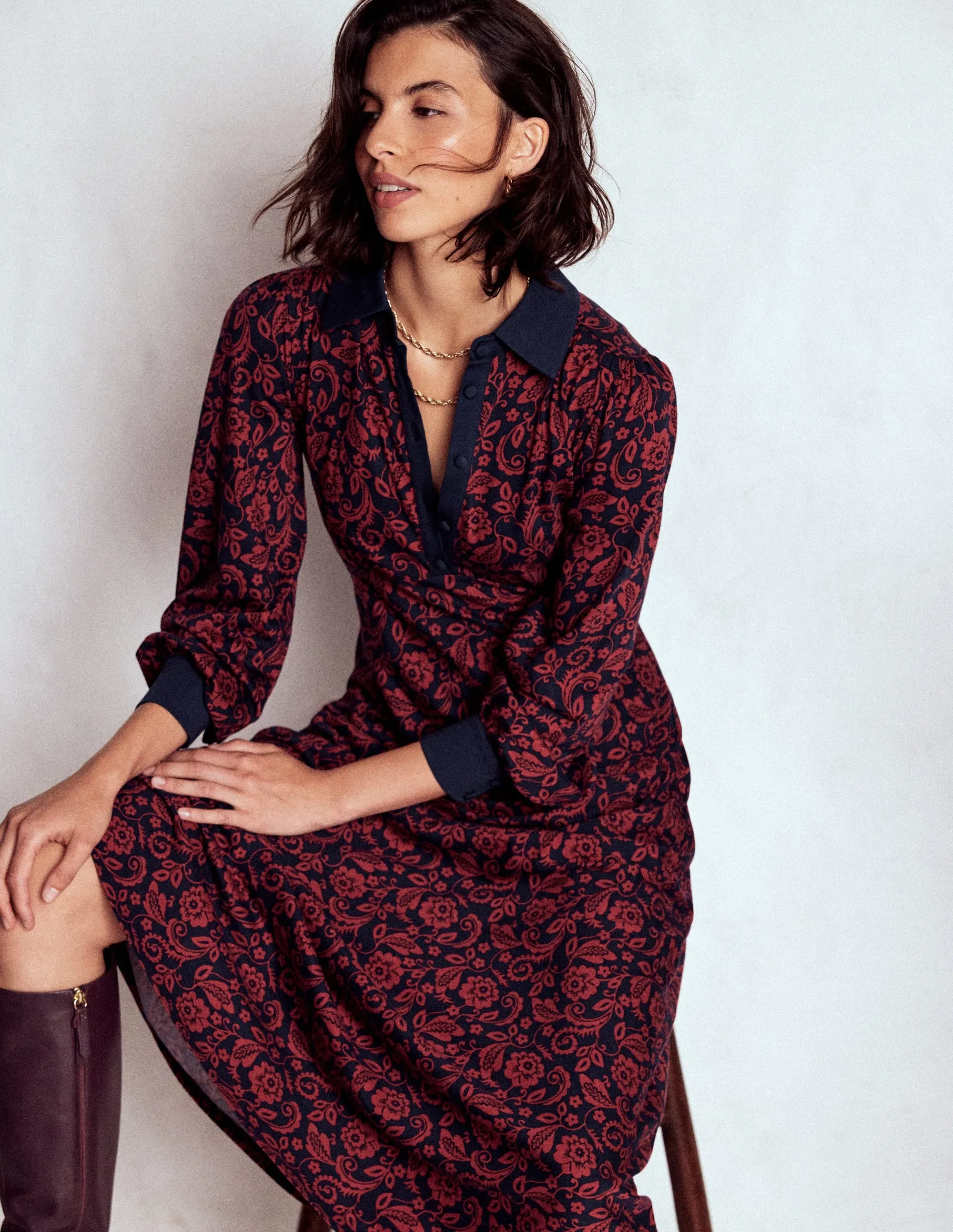 Empire Waistline Shirt Dress-Red, Ornate Flora Bridal-Shower