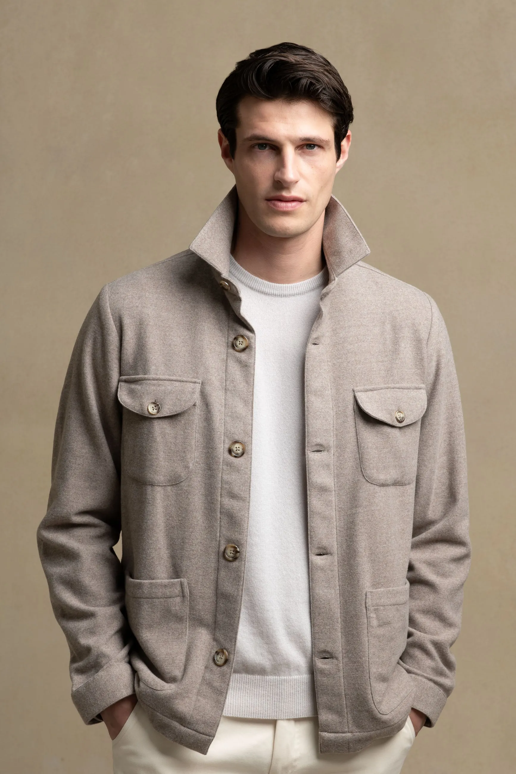 Beige Safari Jacket flannel Super 180s ?C Made in Italy Boho Light