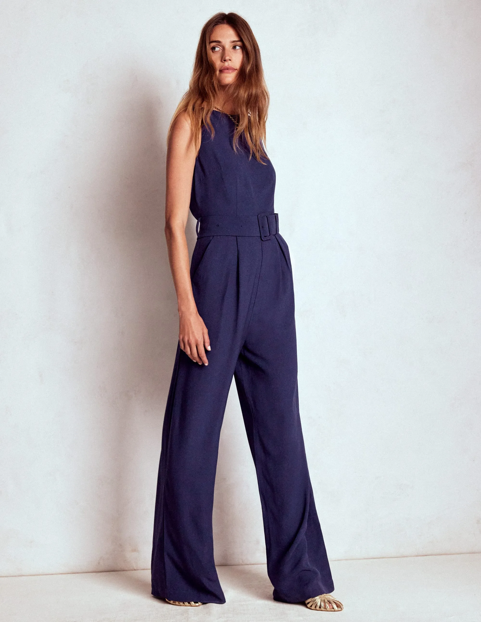Gwen Slash Neck Jumpsuit-Navy Smart Texture UVProtectiveLayer