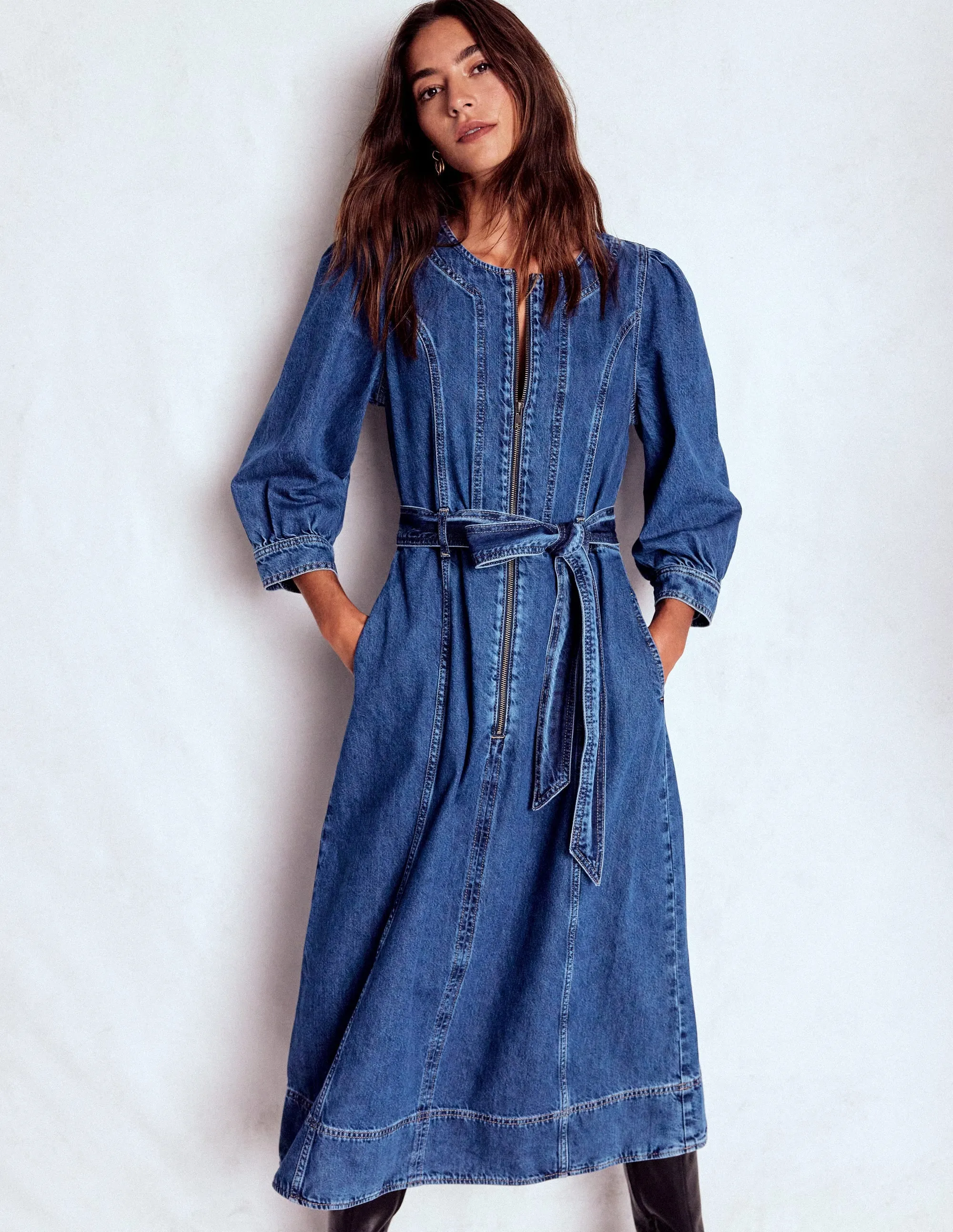 Layered Form All Fit Zip Puff Sleeve Denim Dress-Dark Wash