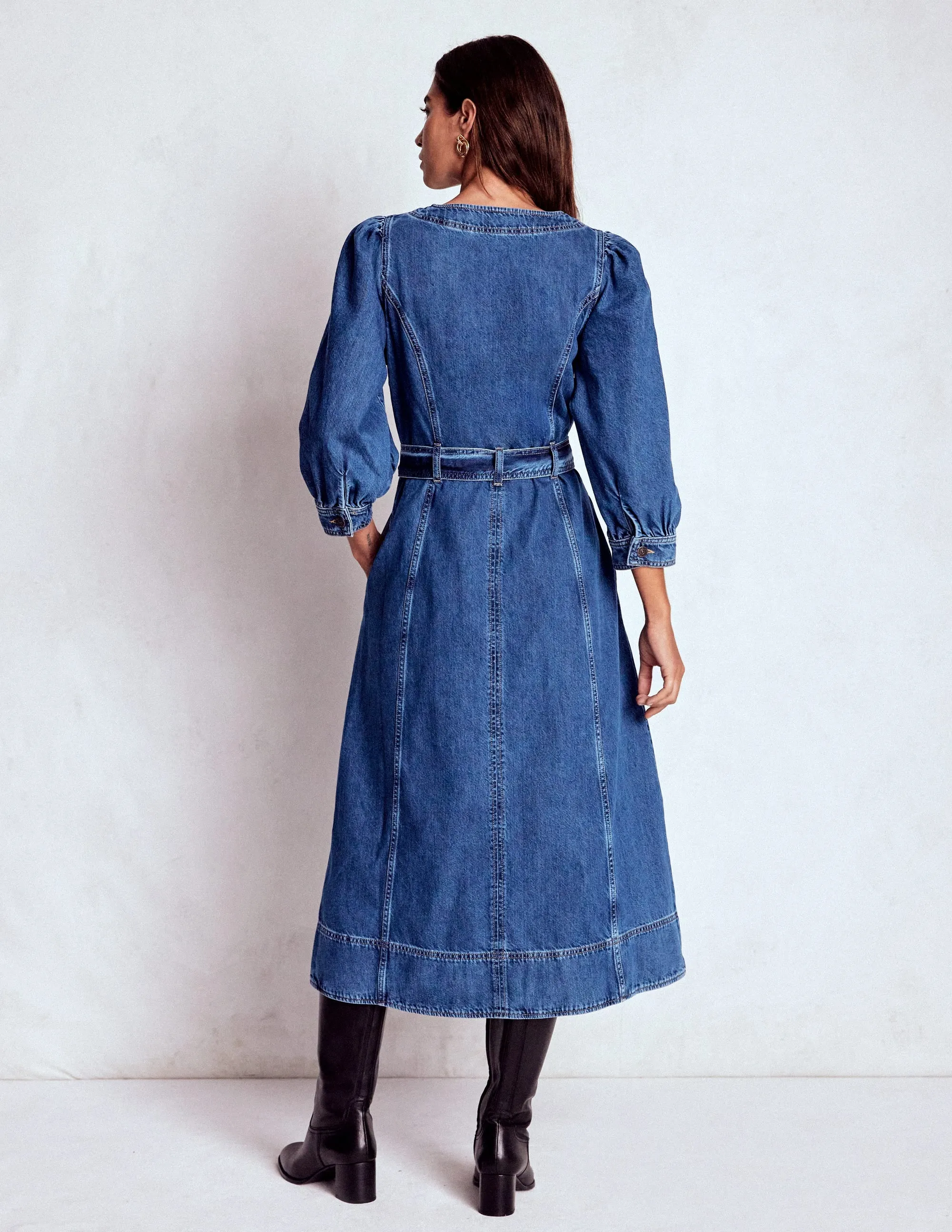 Light Outfit New Mood Zip Puff Sleeve Denim Dress-Dark Wash
