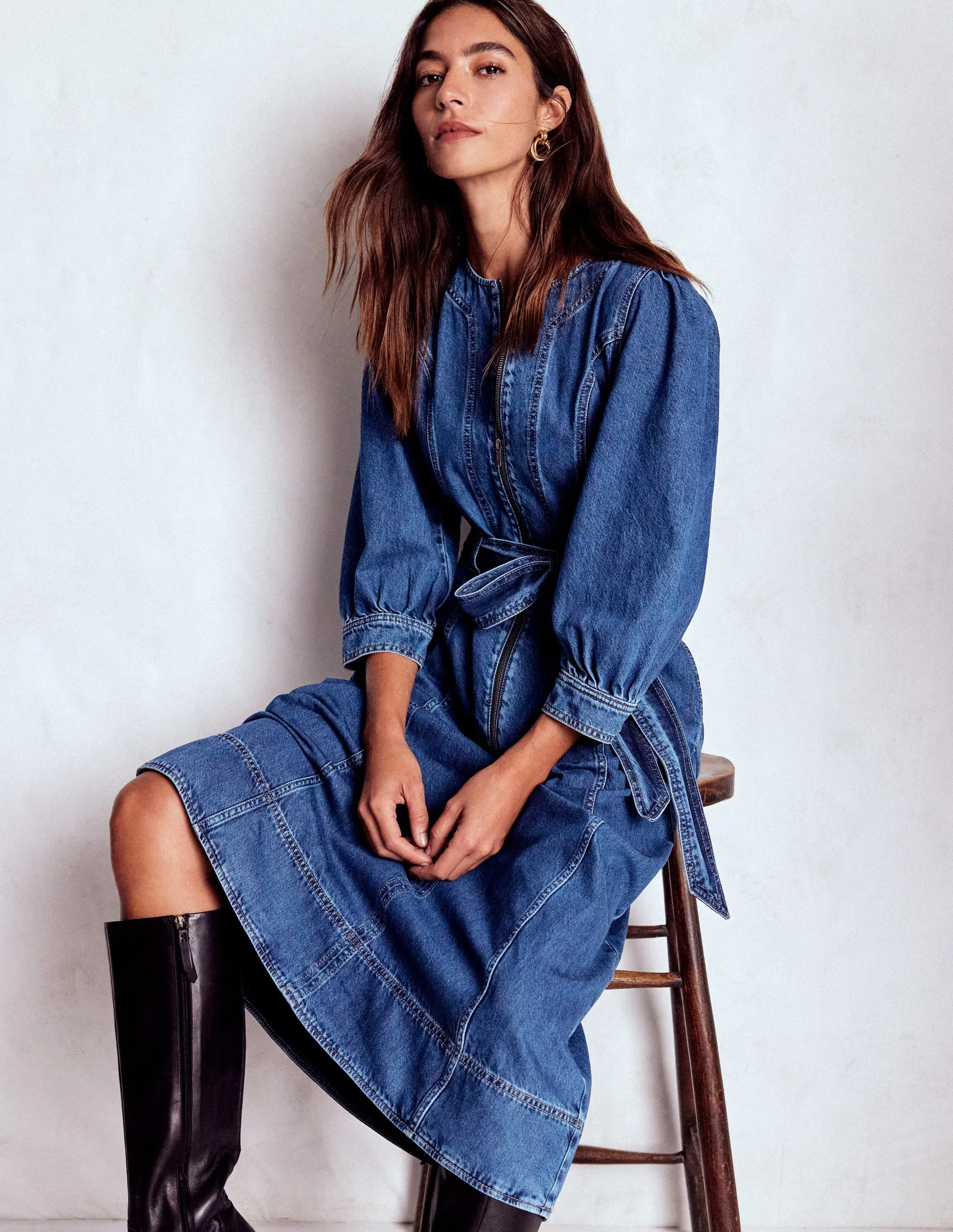 Zip Puff Sleeve Denim Dress-Dark Wash Stylish and Comfortable Nature Glow