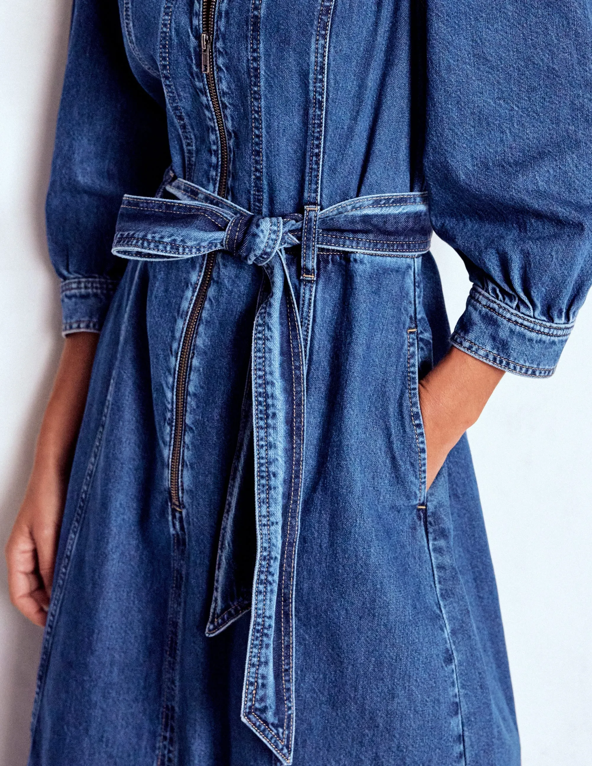 Lace-Trim Zip Puff Sleeve Denim Dress-Dark Wash