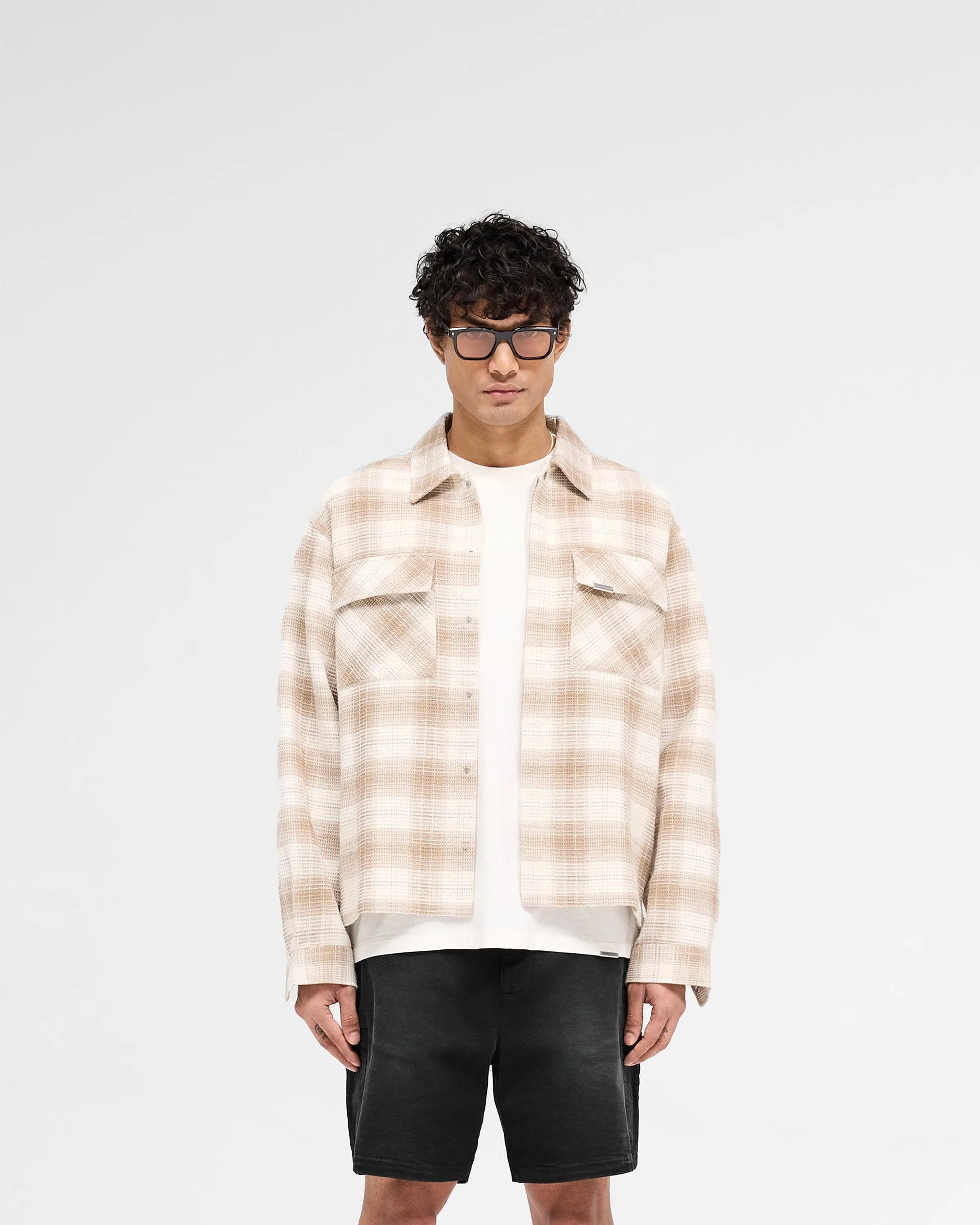 Waffle Flannel Shirt - Mid Brown Micro Perforated Texture Comfort Fit