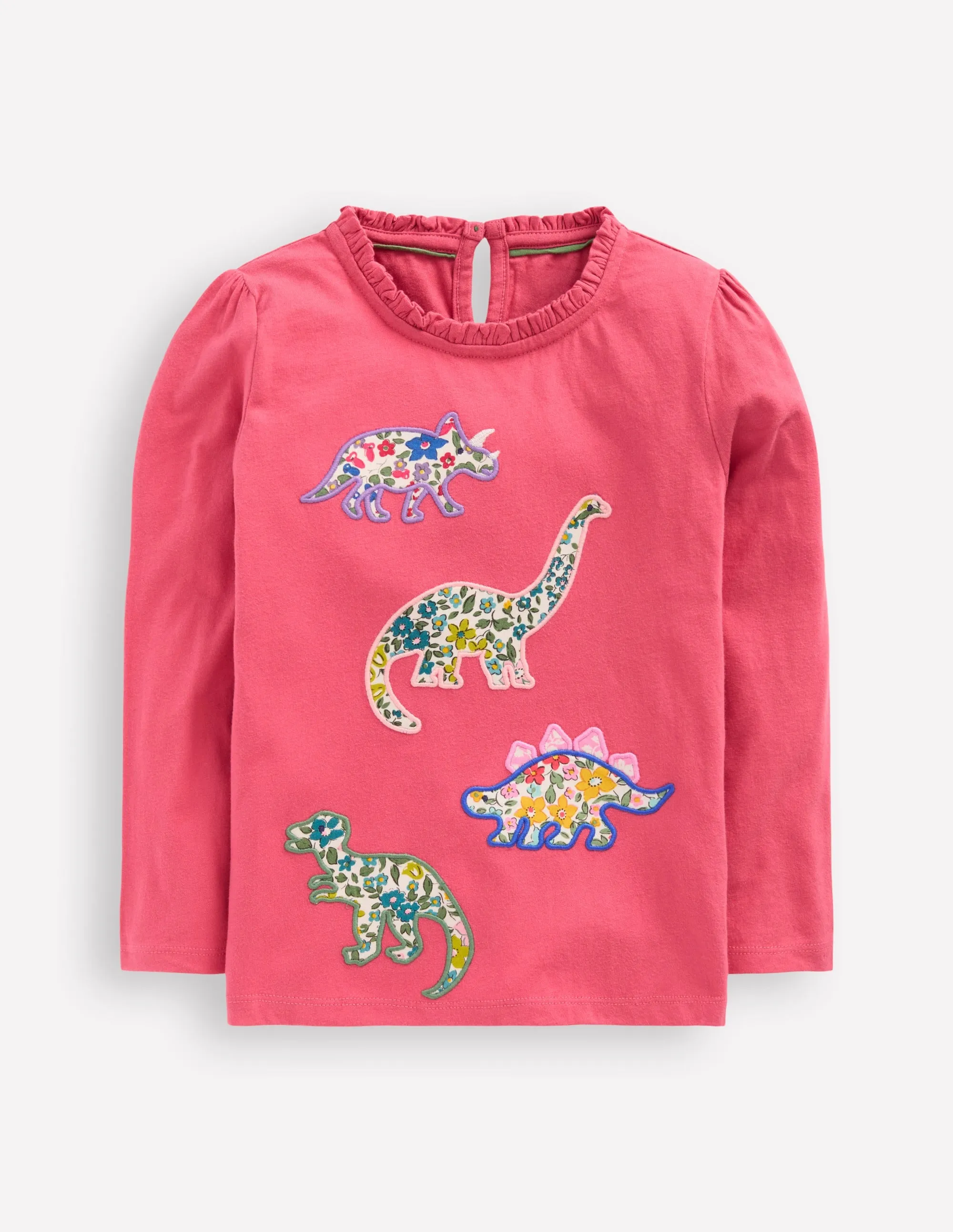 Frill Neck Appliqu?? T-shirt-Rose Pink Dinosaurs Bonded Seam Construction