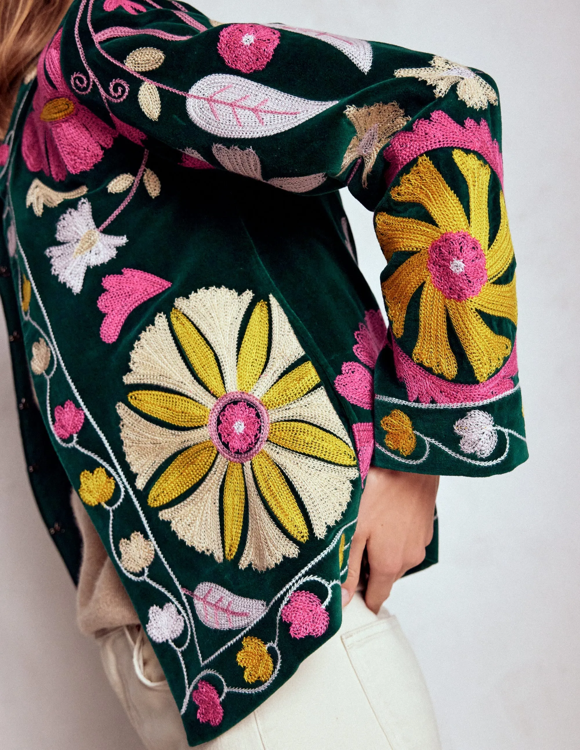 Embroidered Souvenir Jacket-Emerald Night Embroidery Adjustable Cuff System Two Way Zipper