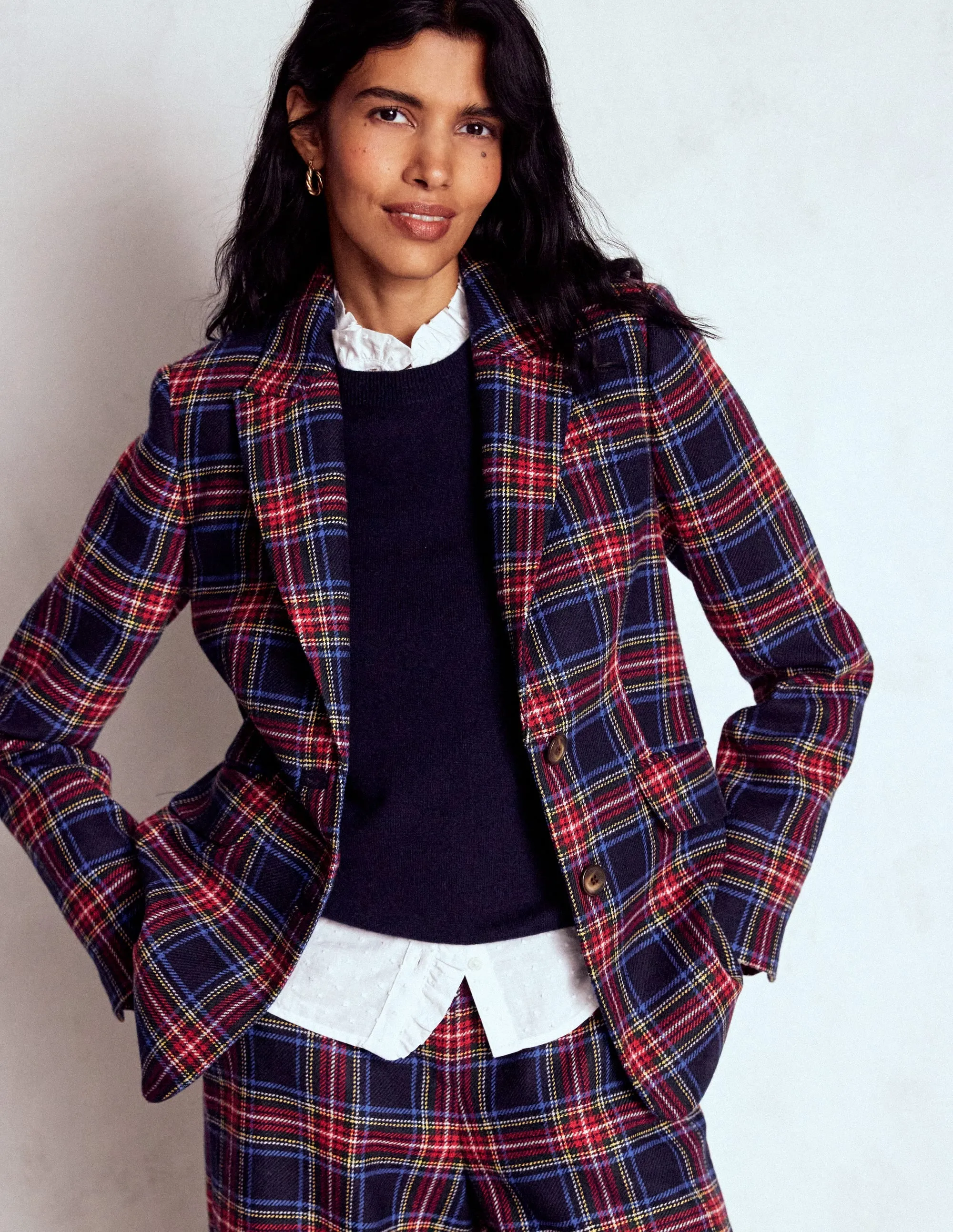 Convertible Style Practical Cold Piece Stamford Wool-Blend Blazer-Navy, Green and Red Check