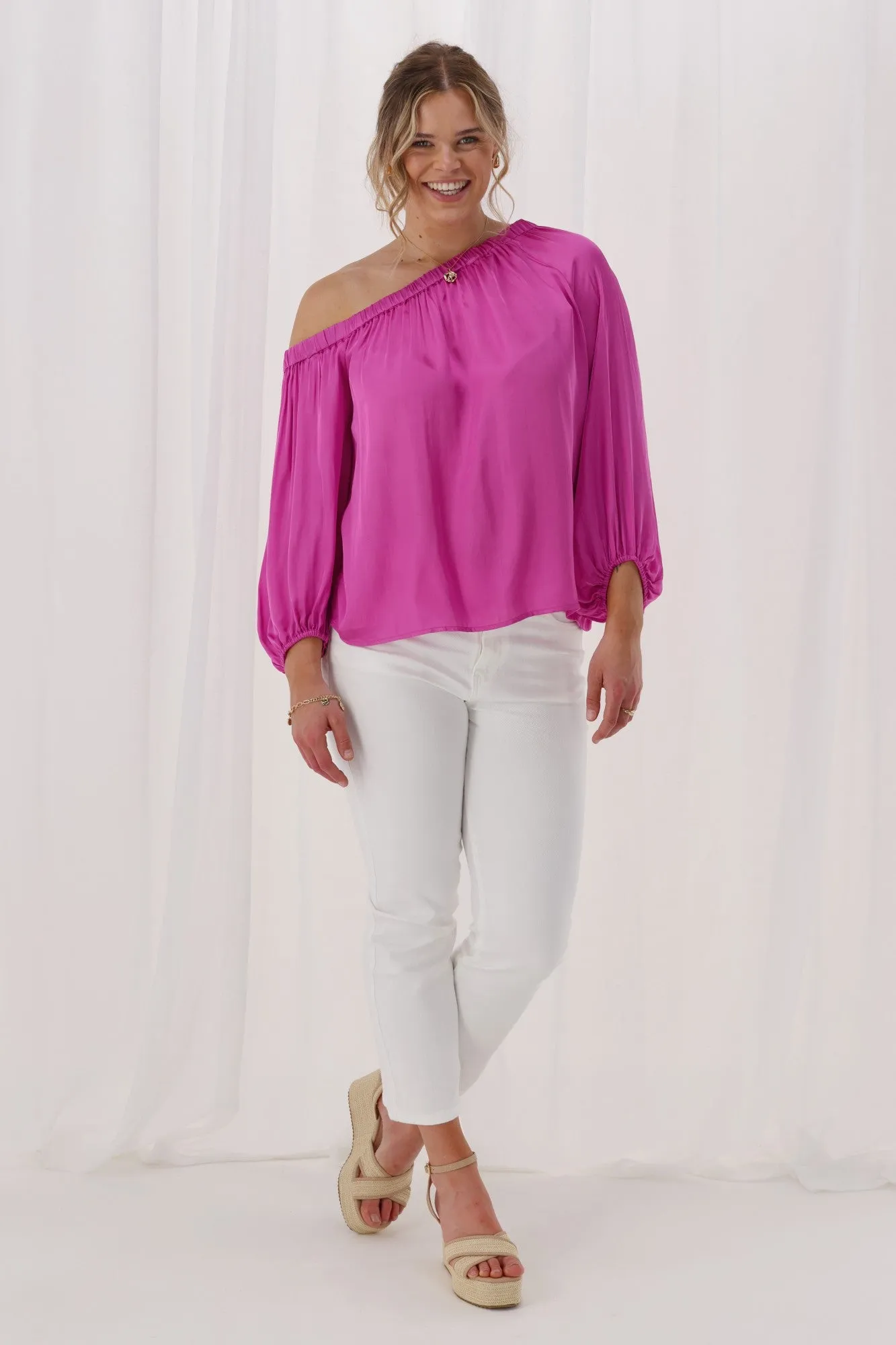 ErgonomicSleeves Airflow Mesh Insert Celebrations By Shine On Amerie Off The Shoulder Top Satin Fuchsia