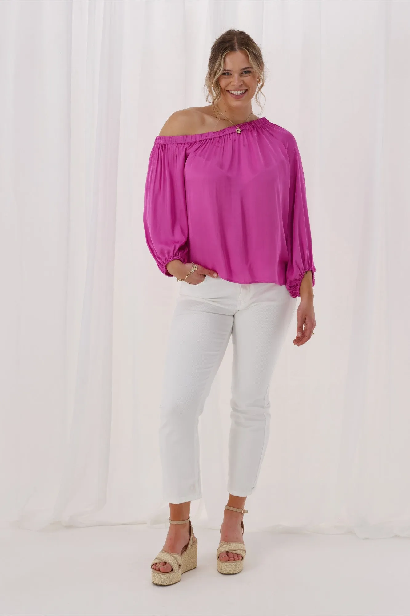 RecycledPolyesterBlend Built In Odor Control Celebrations By Shine On Amerie Off The Shoulder Top Satin Fuchsia