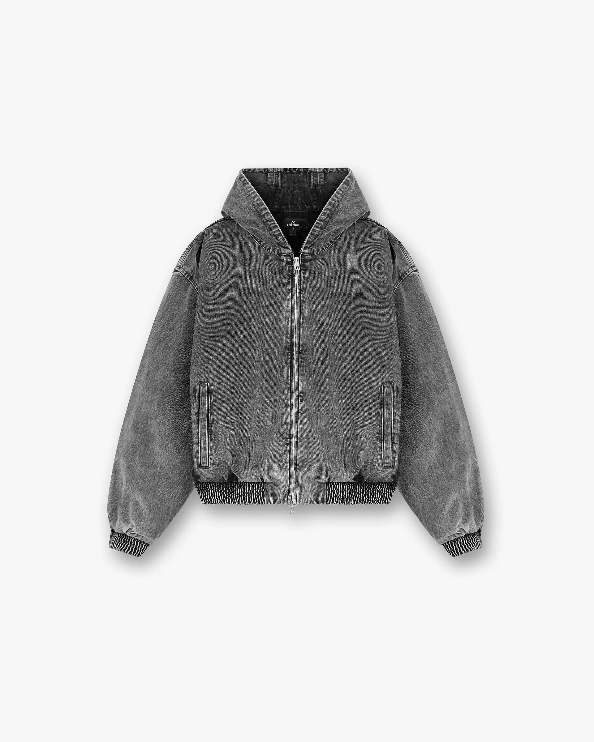 R5 Hooded Denim Bomber - Charcoal Grey Functional Zip Detail Waist String