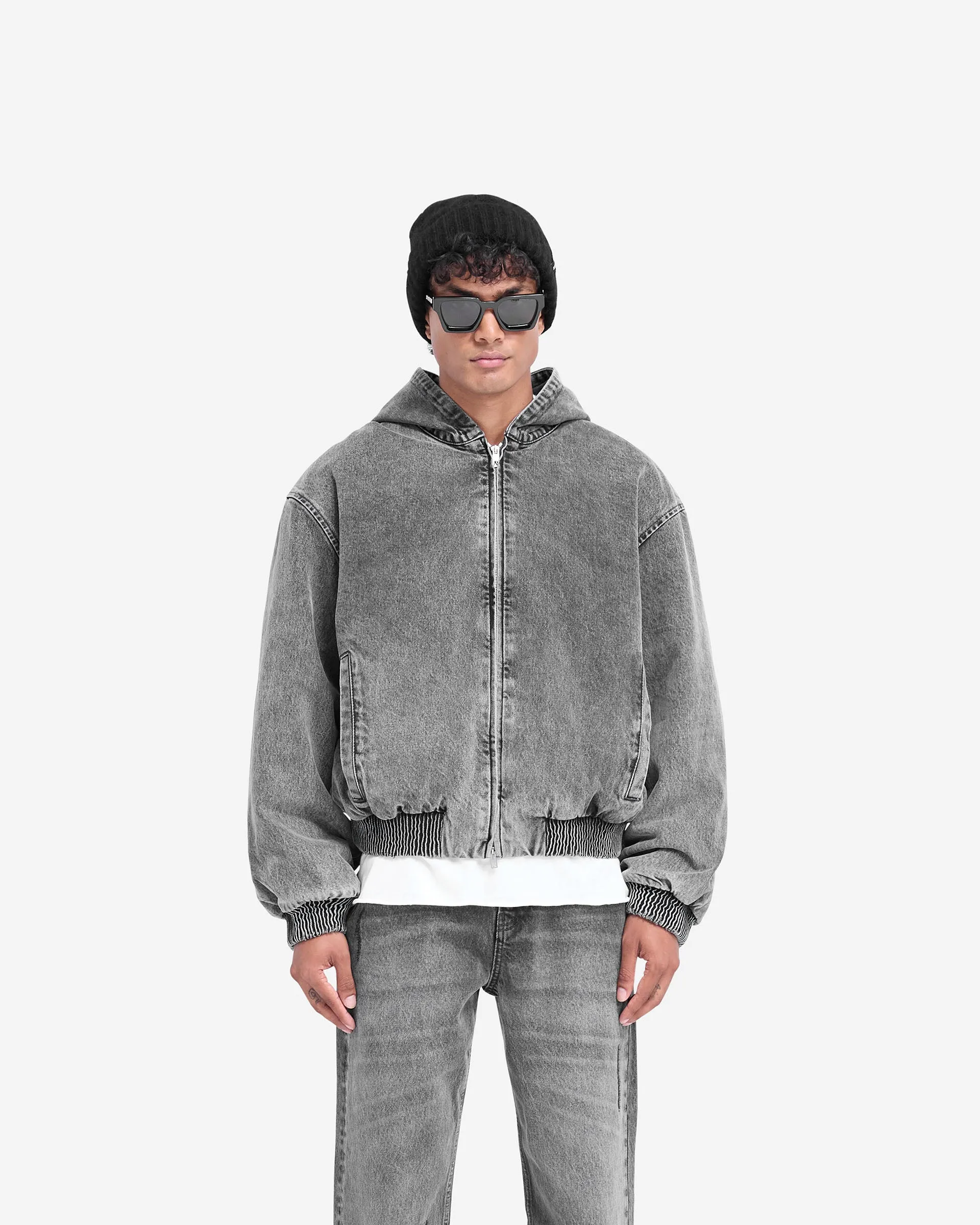 R5 Hooded Denim Bomber - Charcoal Grey Classic Fit Cut Clean Fit