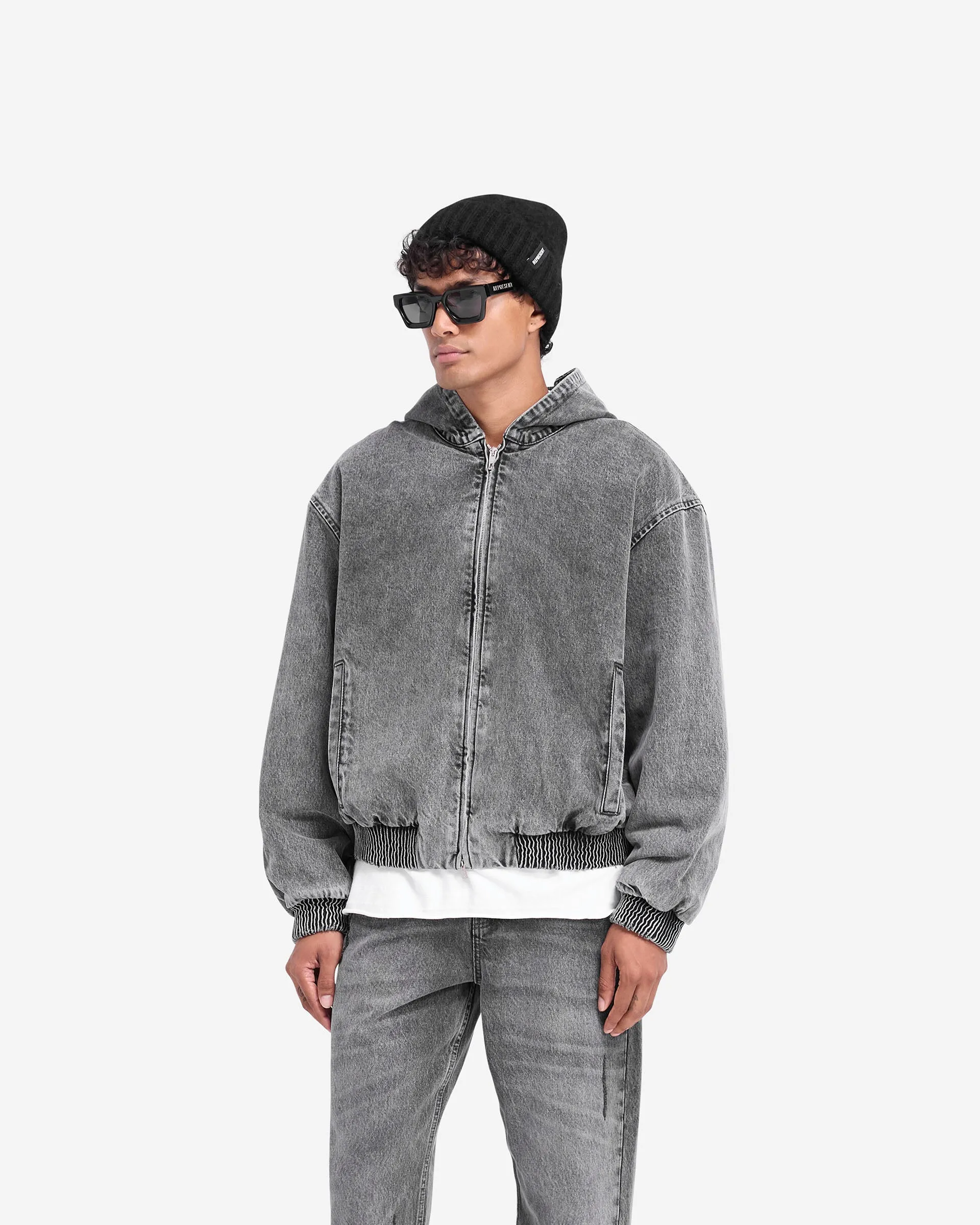 FlexibleFit Active Wear R5 Hooded Denim Bomber - Charcoal Grey