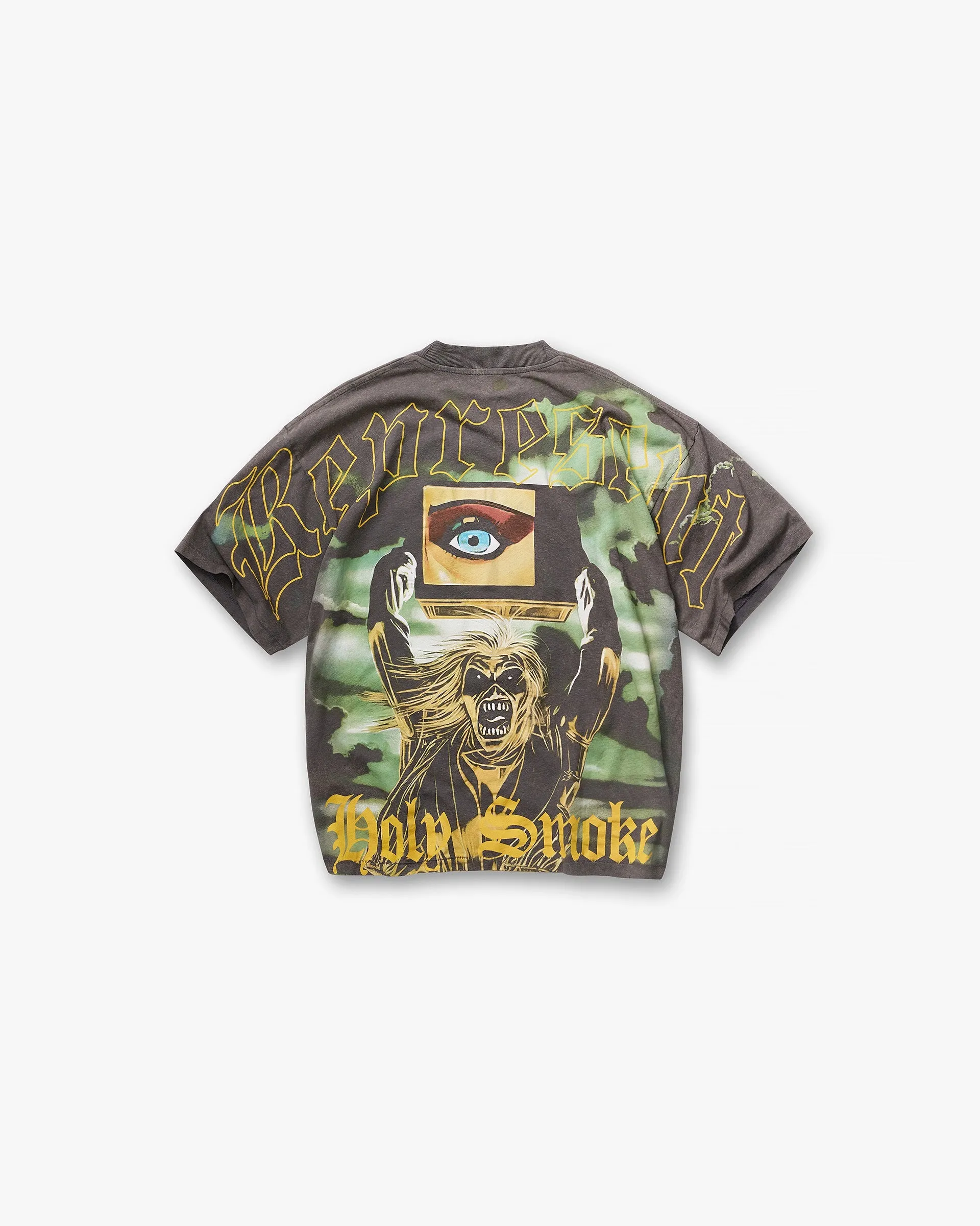 Represent X Iron Maiden Holy Smoke T-Shirt - Sunfade Grey Casual Chic Look Embroidered