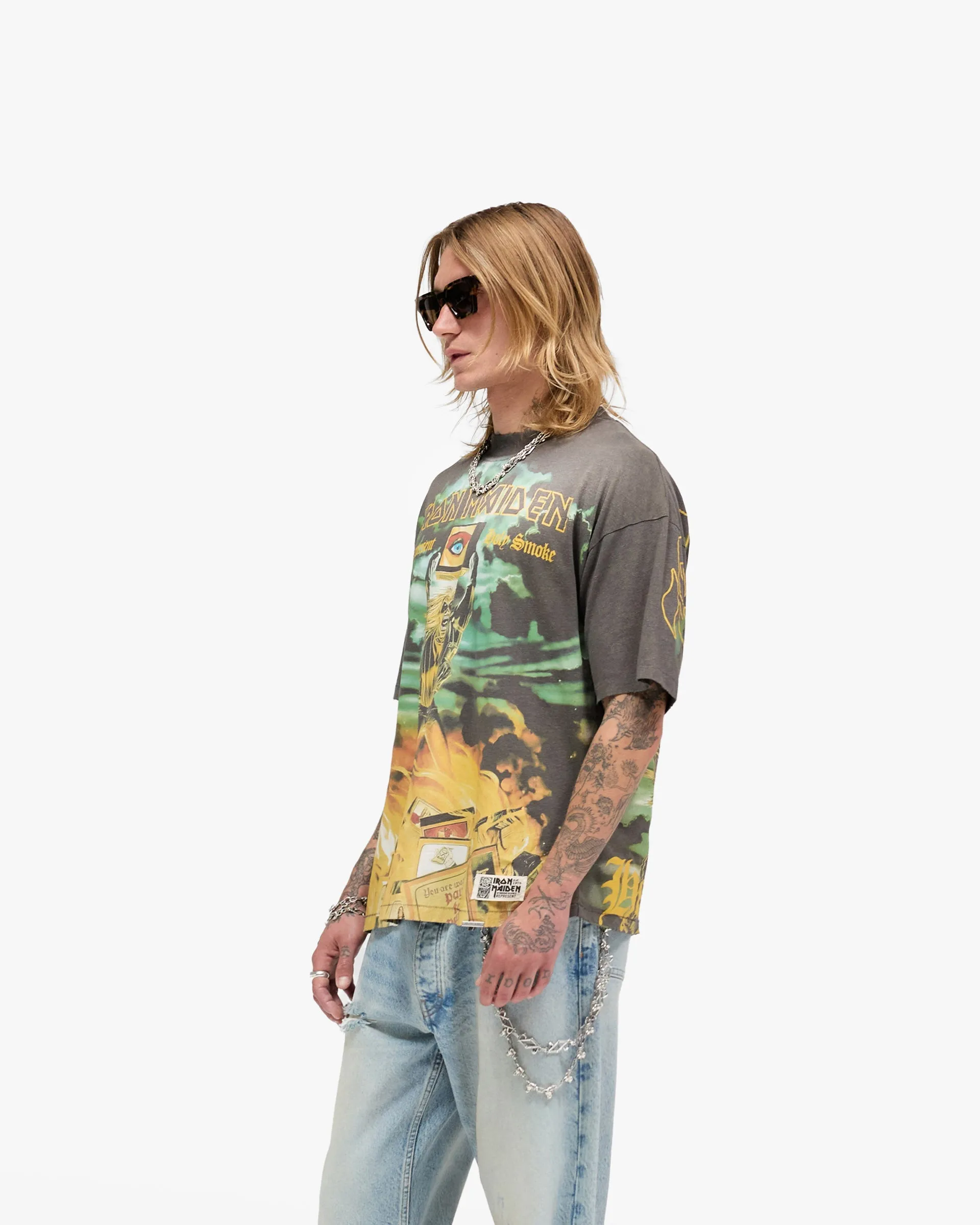 Stretch performance Active Wear Fit Represent X Iron Maiden Holy Smoke T-Shirt - Sunfade Grey