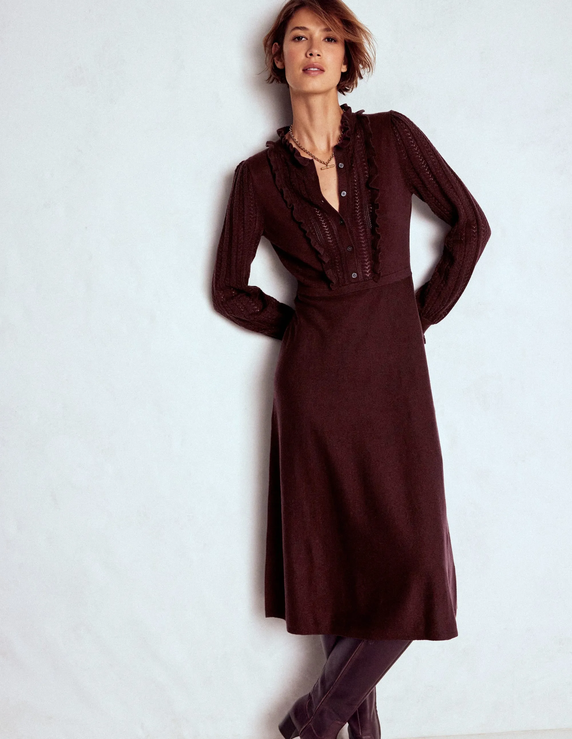 Winifred Frilled Knitted Dress-Coffee Bean Delicate Lines
