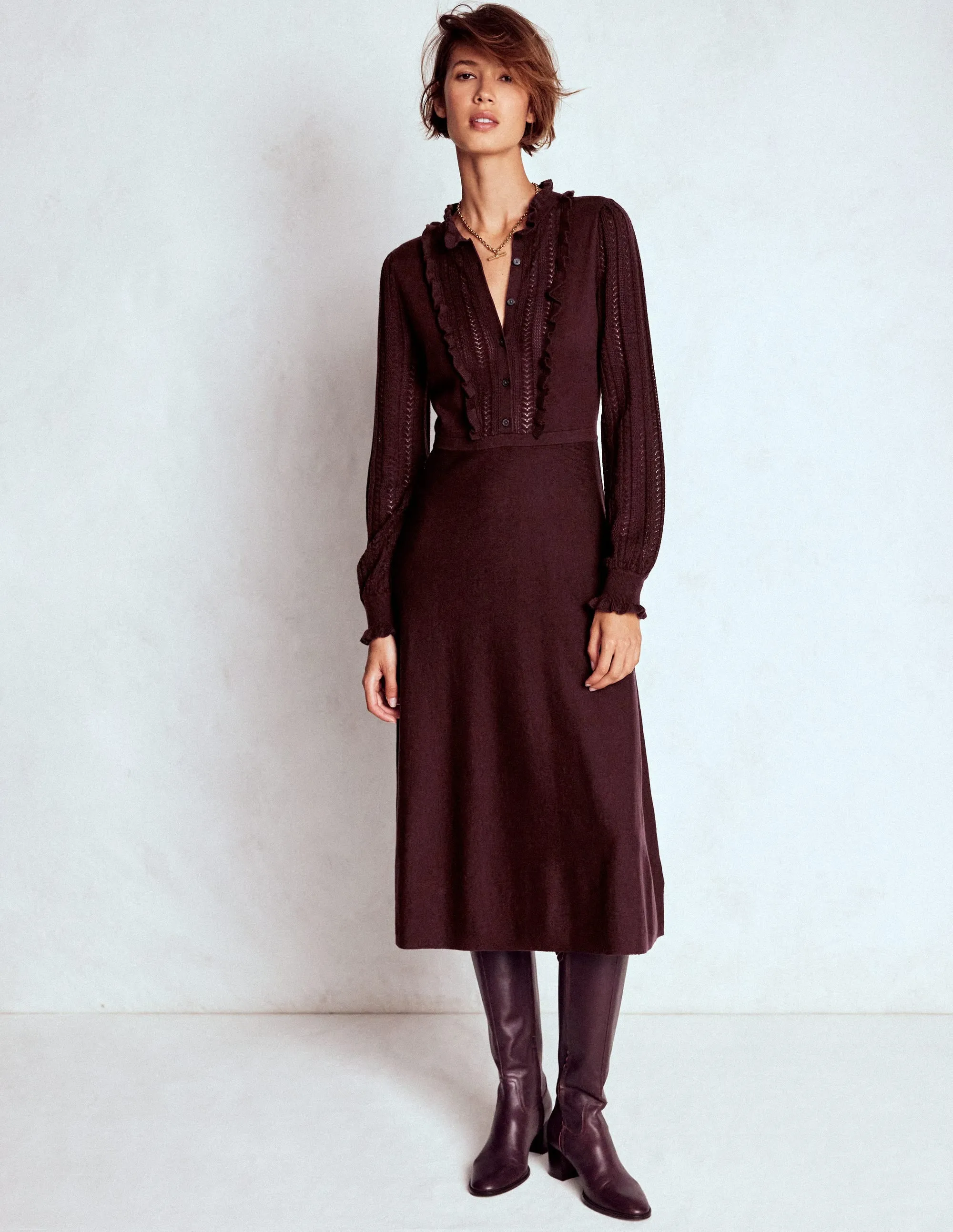 Winifred Frilled Knitted Dress-Coffee Bean Subtle Lines