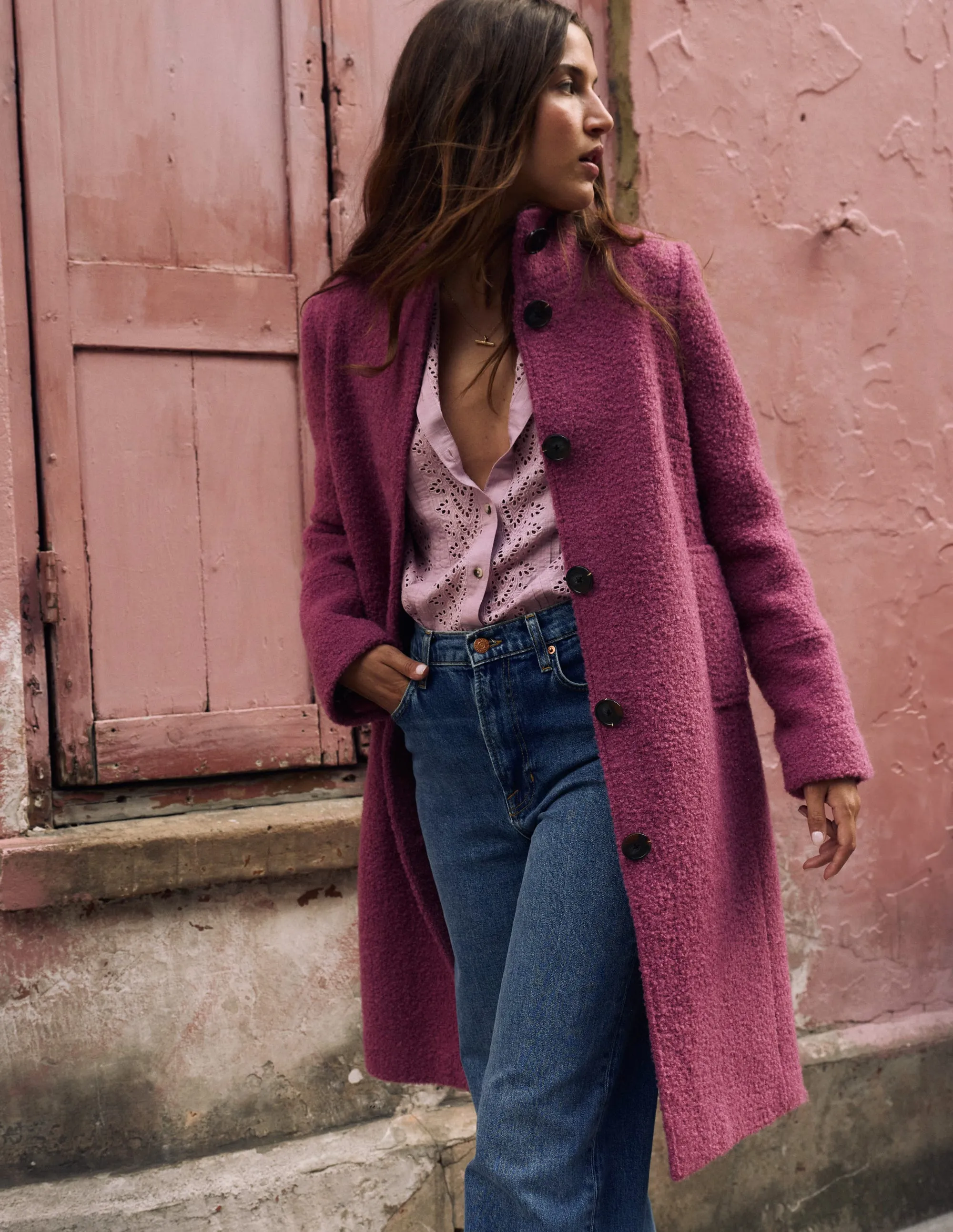 Flexible Hem Adjustment Auxiliary Attachment Points Funnel Neck Coat-Pink Heather