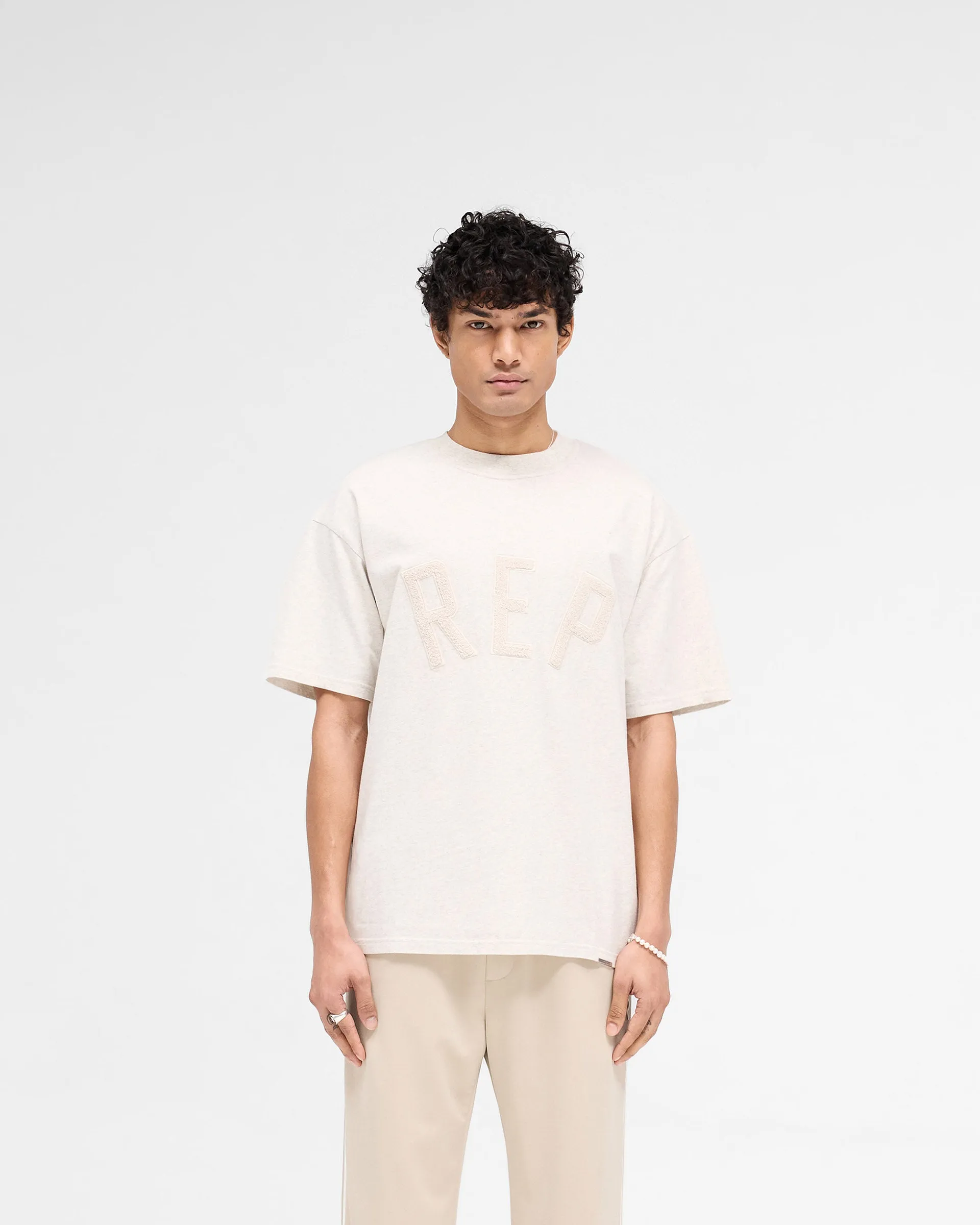 Rep Applique T-Shirt - Cream Marl Reinforced Neckline