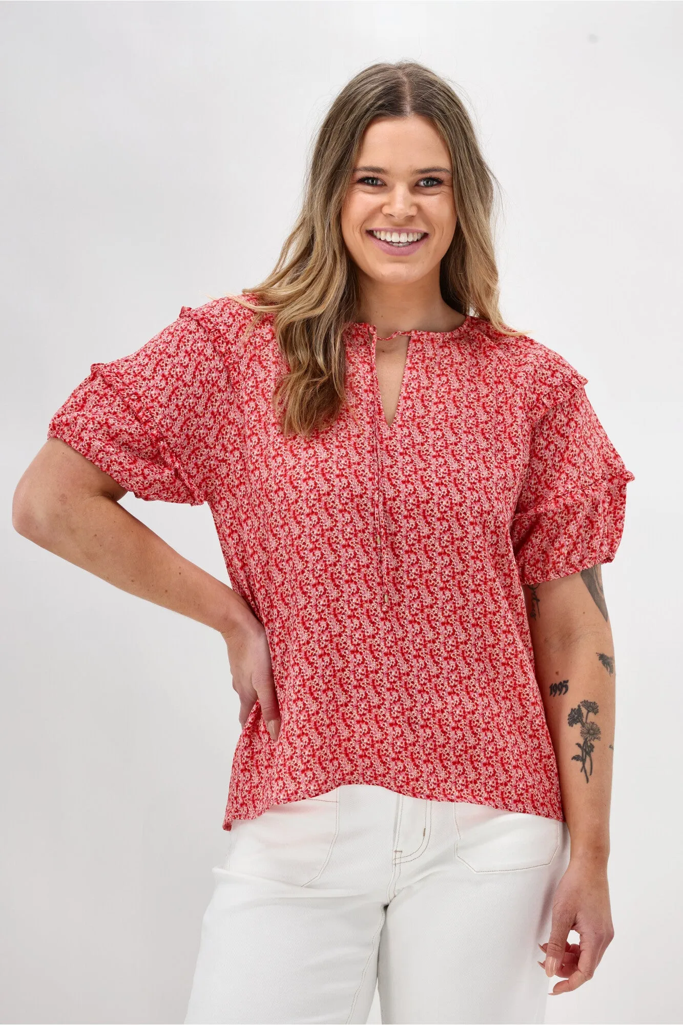 FeatherlightConstruction Gloss The Label Clea Frill Detail Puff Sleeve Top Print