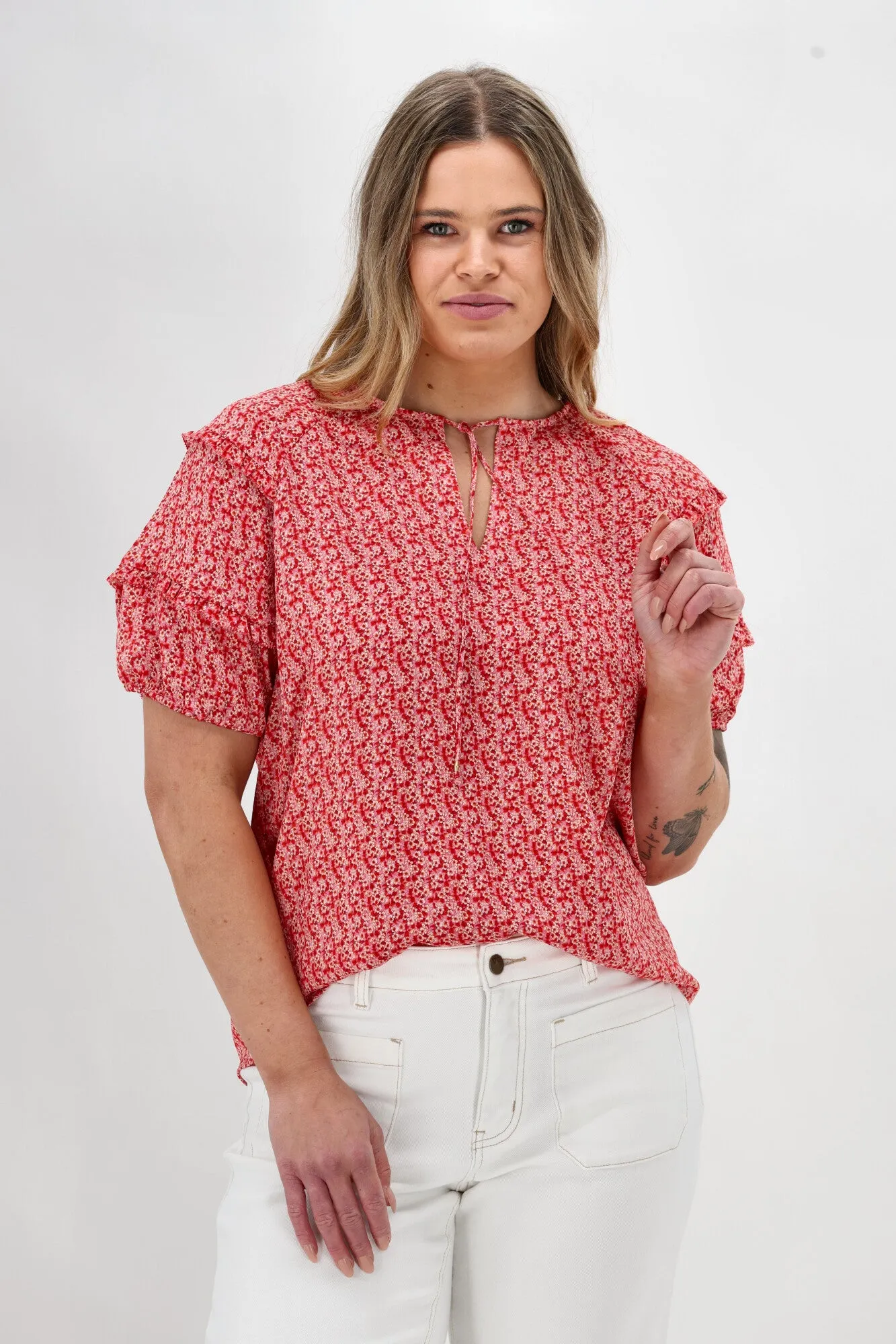 Contrast Topstitching Detail Gloss The Label Clea Frill Detail Puff Sleeve Top Print