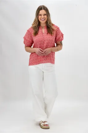 Gloss The Label Clea Frill Detail Puff Sleeve Top Print Reflective Accent Trim