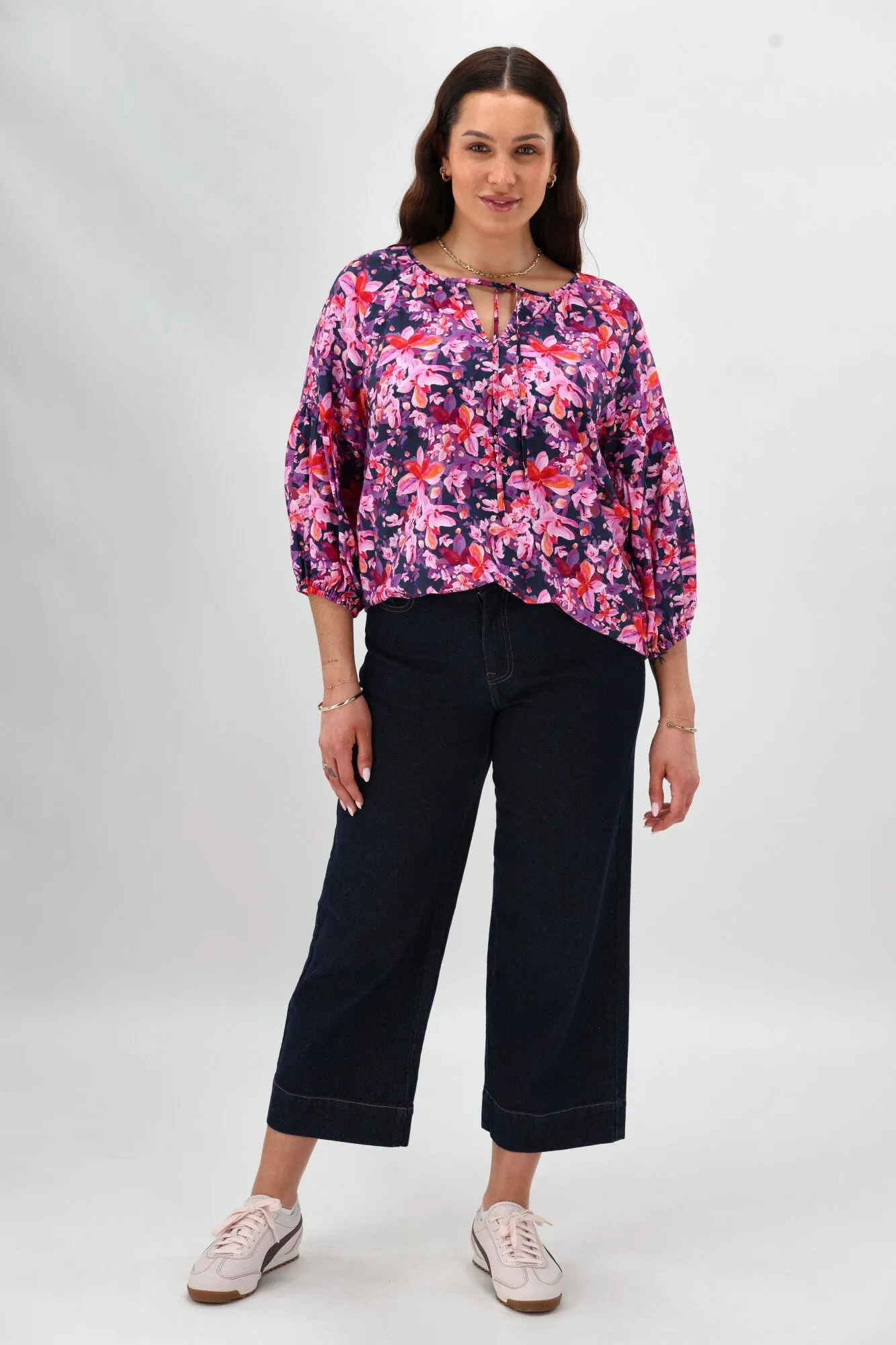 Gloss The Label Dana Tie Top Midnight Floral Casual Button-Down