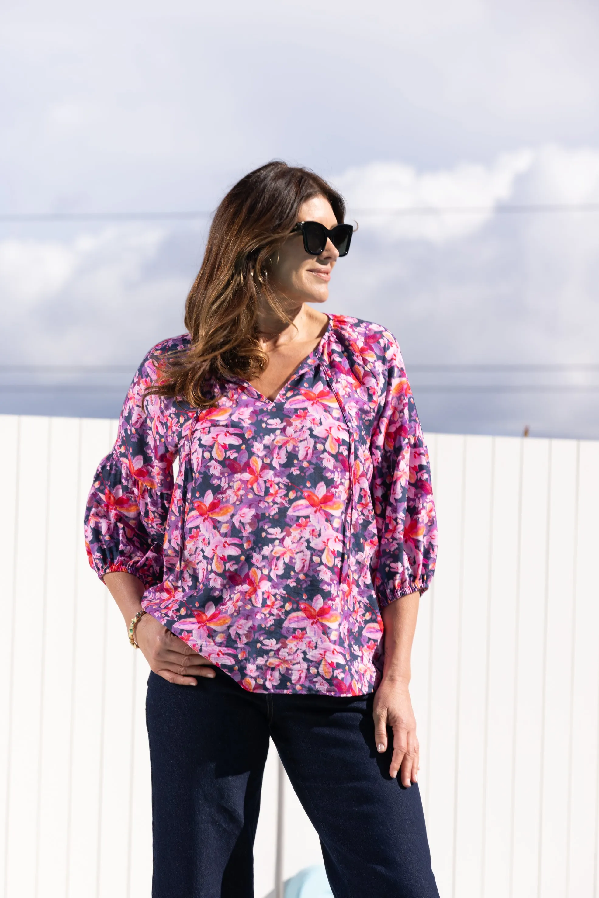 Versatile Layering SoftFeel Fabric Gloss The Label Dana Tie Top Midnight Floral