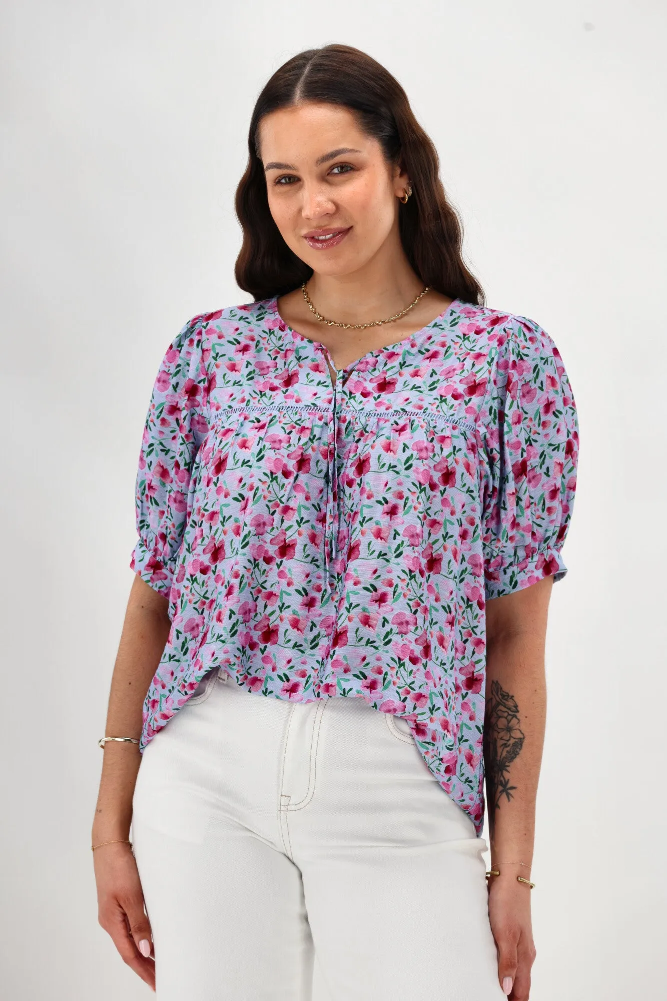 SolarReflectiveFinish Gloss The Label Heidi Puff Sleeve Blouse Blue Watercolour Print