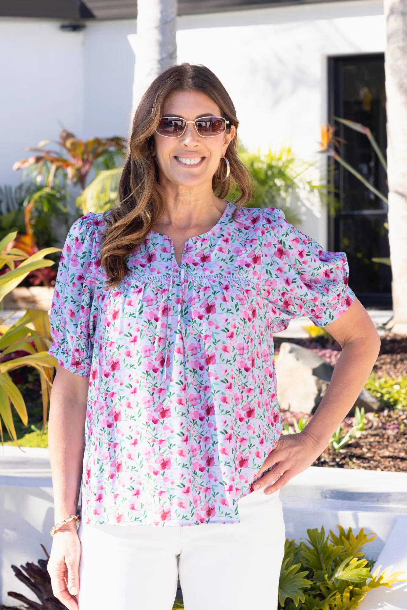 Gloss The Label Heidi Puff Sleeve Blouse Blue Watercolour Print preshrunk