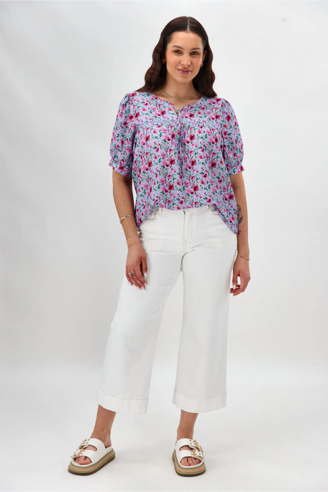 Microfiber texture Durable Reinforced Shoulders Gloss The Label Heidi Puff Sleeve Blouse Blue Watercolour Print