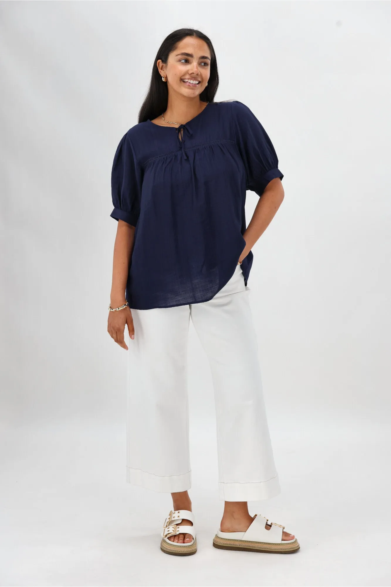 AdjustableNeckline Reverseble Design Gloss The Label Heidi Puff Sleeve Blouse Navy