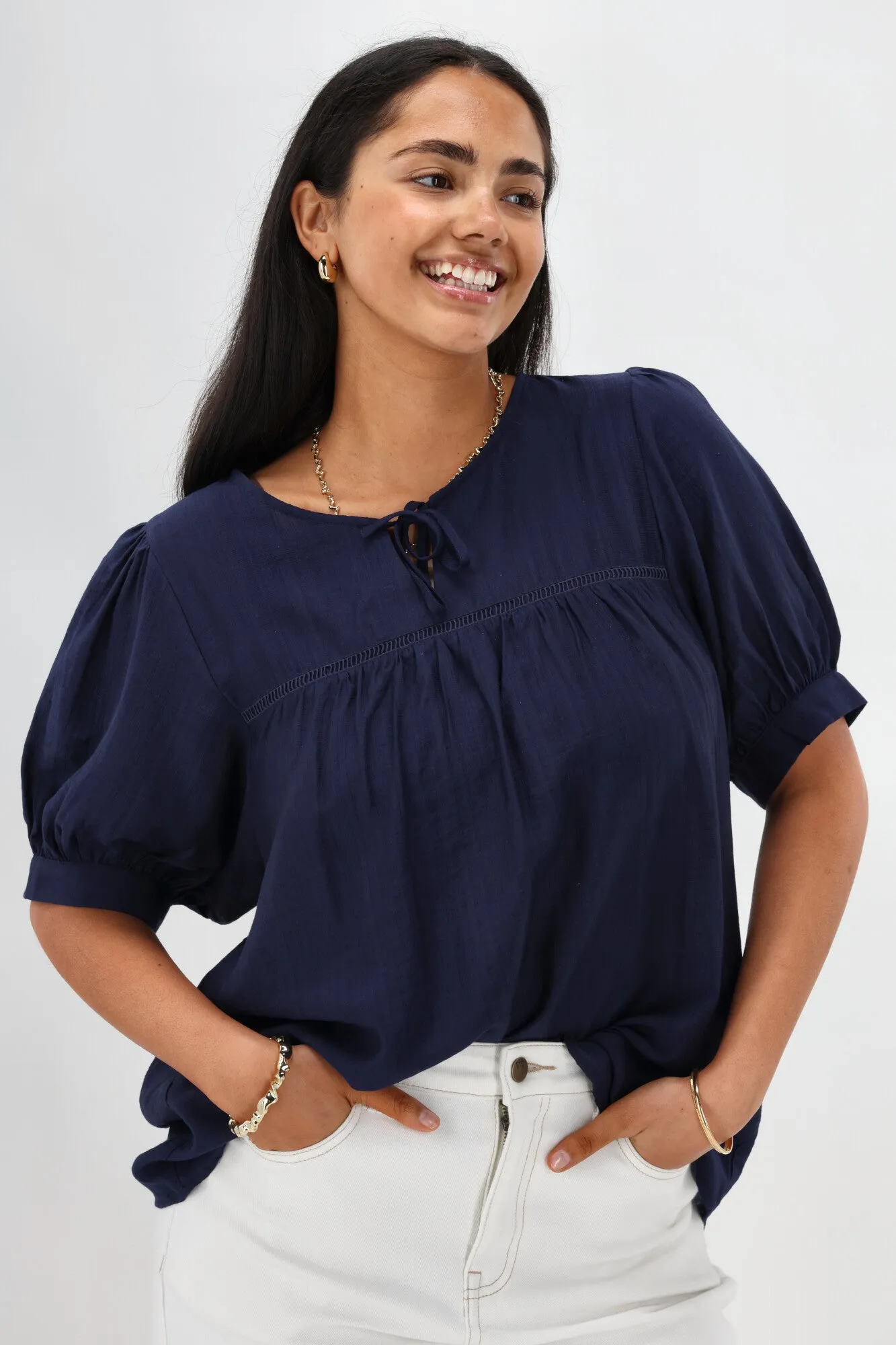 Gloss The Label Heidi Puff Sleeve Blouse Navy Lightweight Weave