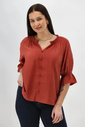HypoallergenicFibers HighDensity Knit Gloss The Label Sophia Ruffle Neck Blouse Rust